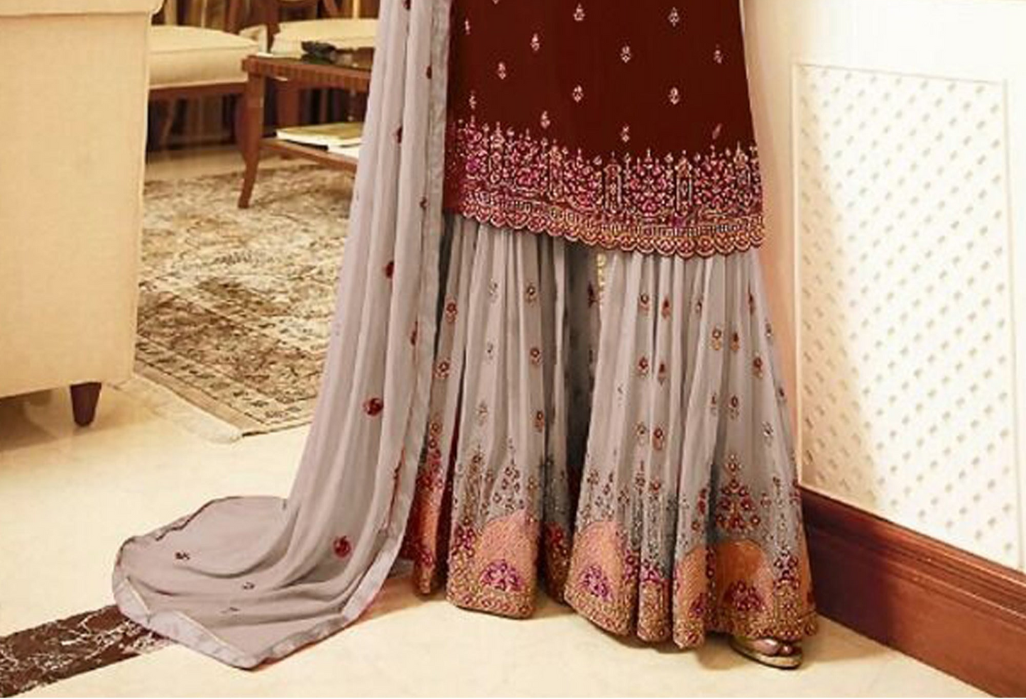 Wine Georgette Embroidery Work Sharara Suit For Wedding & Festival