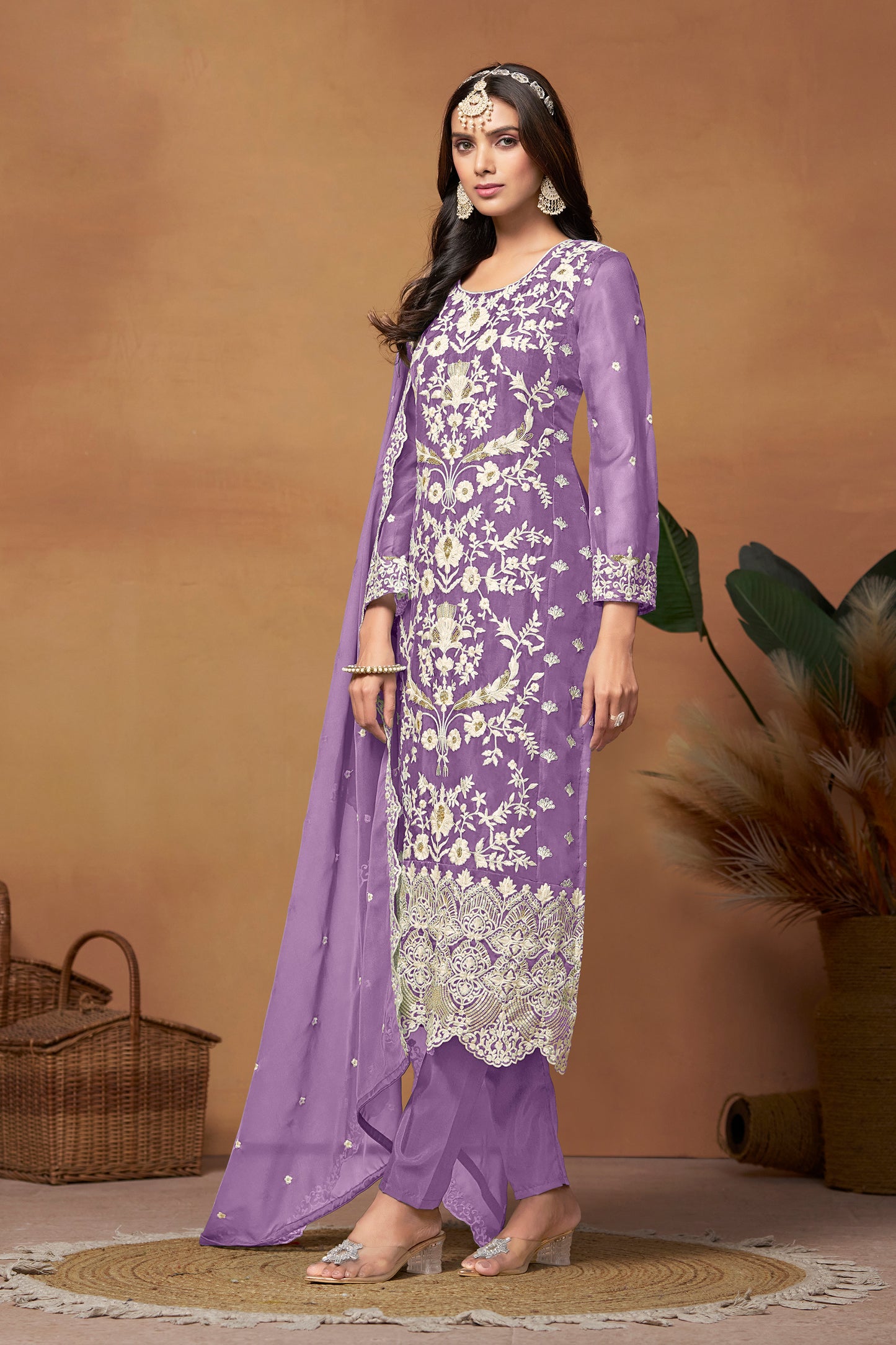 Designer Lavender Organza Salwar Kameez Suit With Dupatta For Party And Wedding Wear