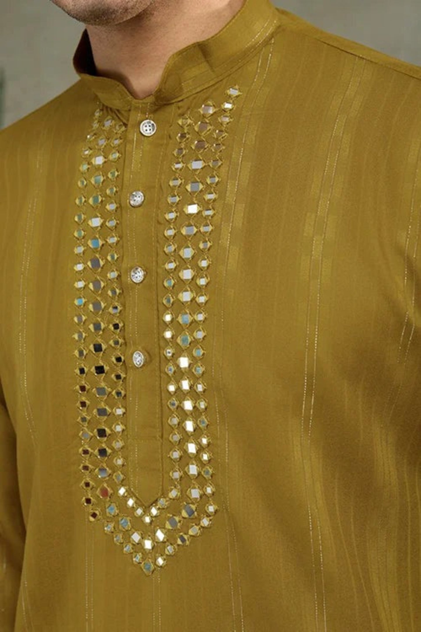 Premium Olive Gold Color Viscose Rayon Kurta Set For Man Real Mirror Work With Matching Pant