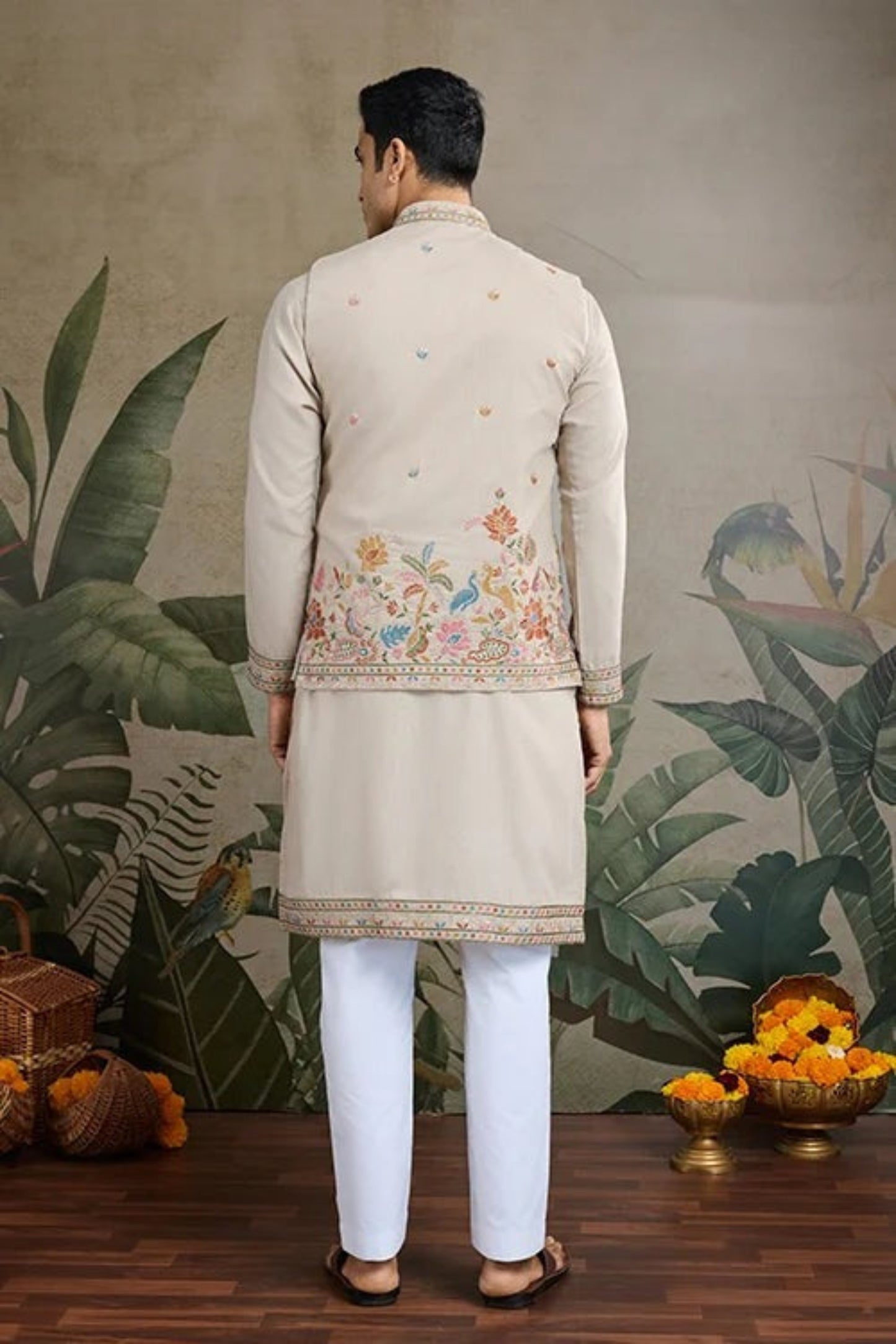 Trendy Beige Color Viscose Silk Kurta Set For Men Real Mirror Work With Matching Pant