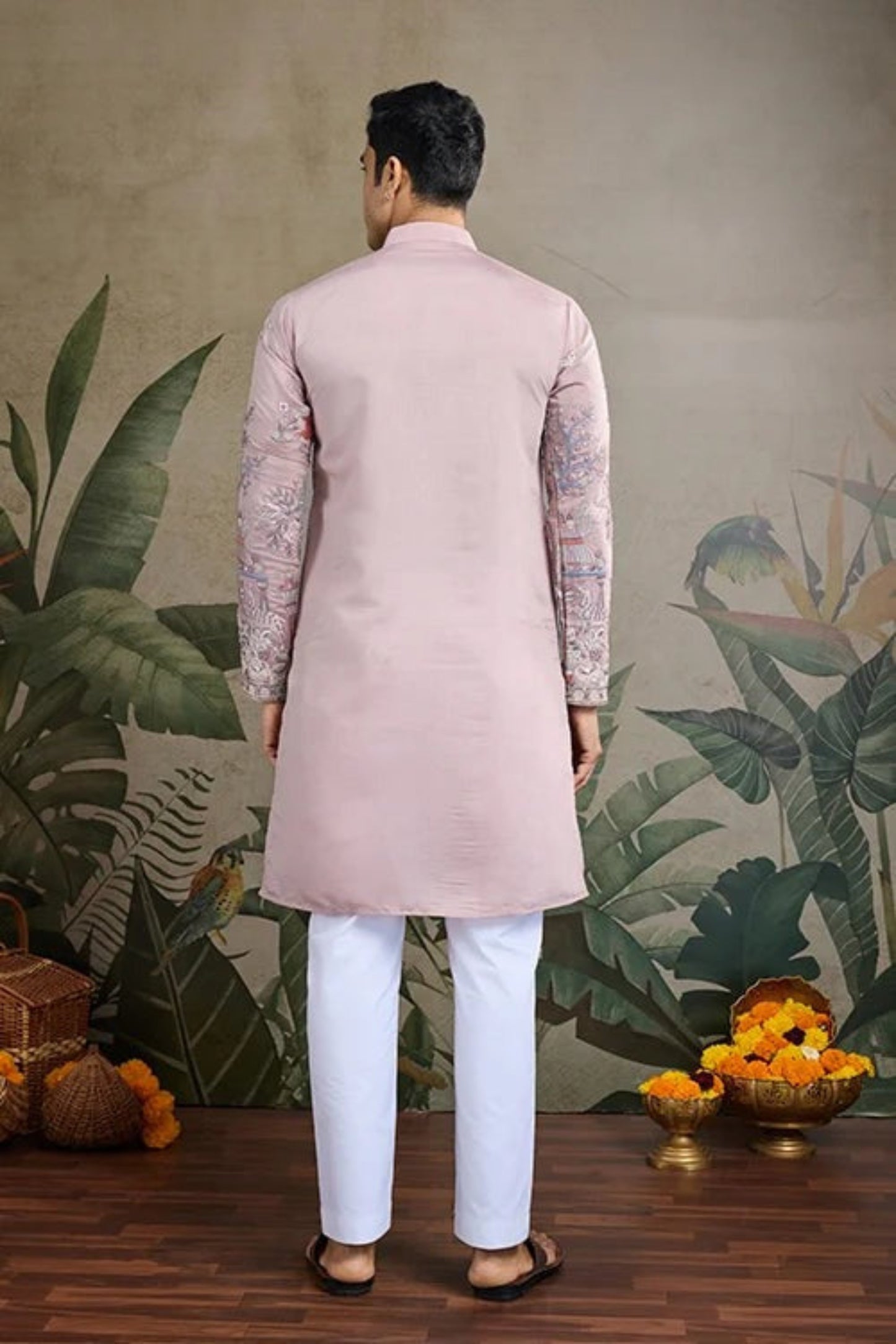 Exclusive Baby Pink Color Viscose Silk Kurta Set For Man Real Mirror Work With Matching Pant