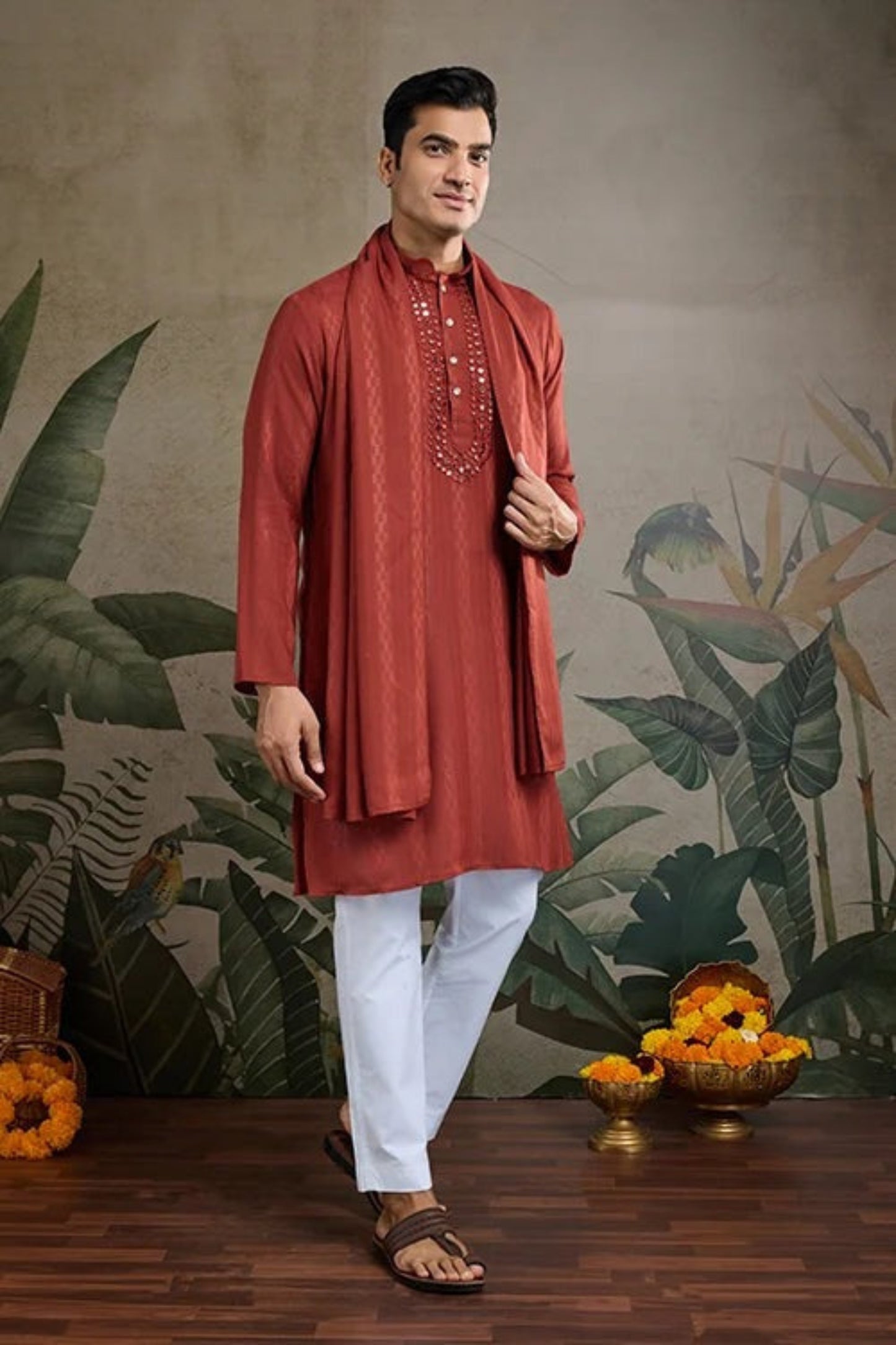 Exclusive Red Color Viscose Rayon Kurta Set For Man Real Mirror Work With Matching Pant