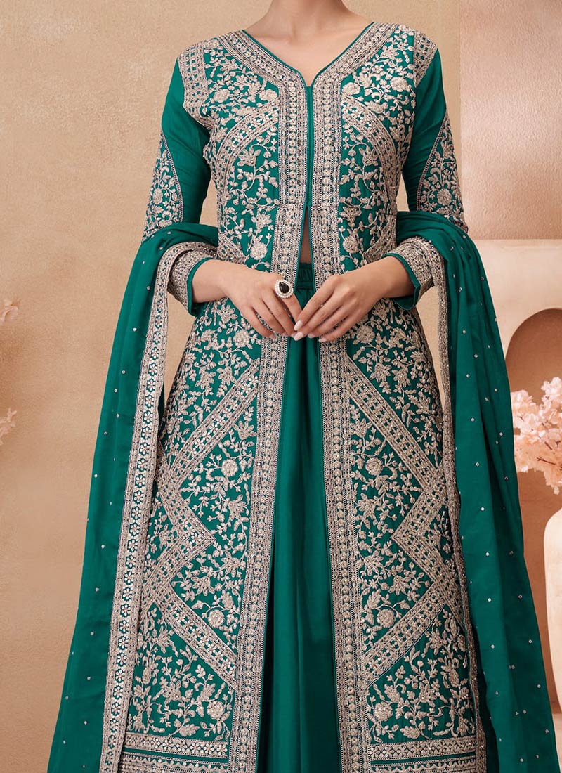 Women's Reception Green Stitched Chinon Silk Shrug Lehenga with Dupatta Dress