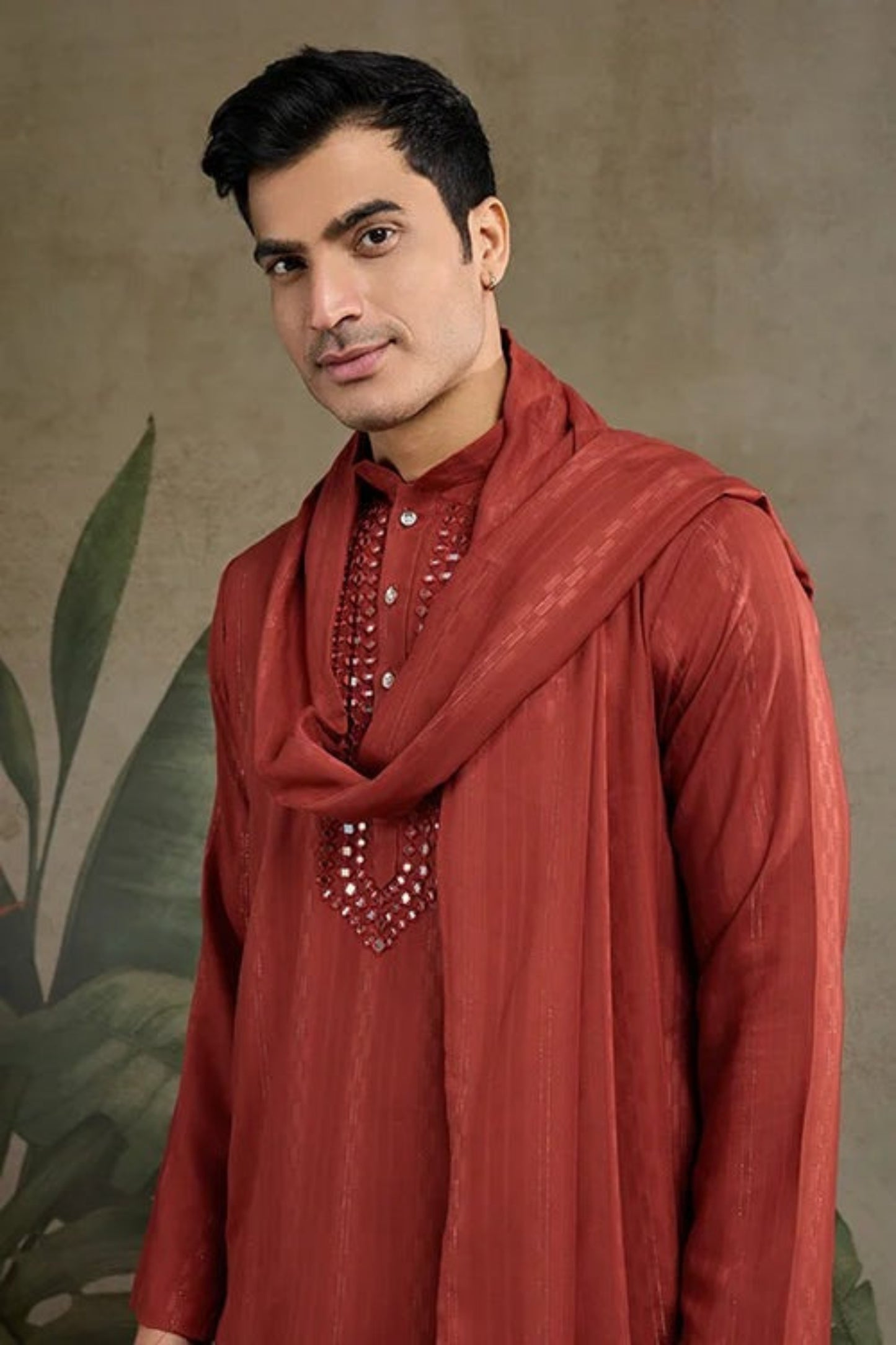 Exclusive Red Color Viscose Rayon Kurta Set For Man Real Mirror Work With Matching Pant