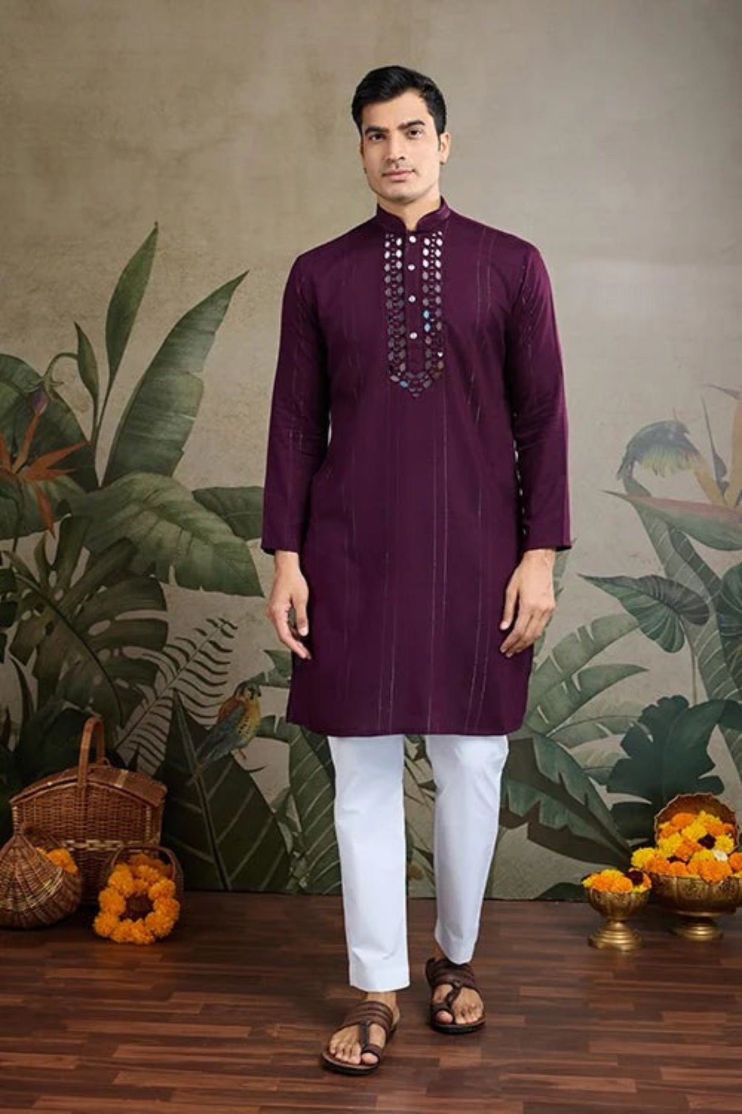 Elegant Purple Color Viscose Rayon Kurta Set For Men Real Mirror Work With Matching Pant