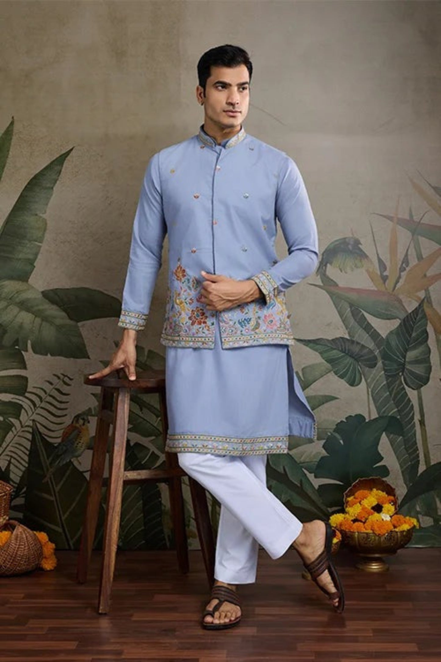 Elegant Sky Blue Color Viscose Silk Kurta Set For Men Real Mirror Work With Matching Pant