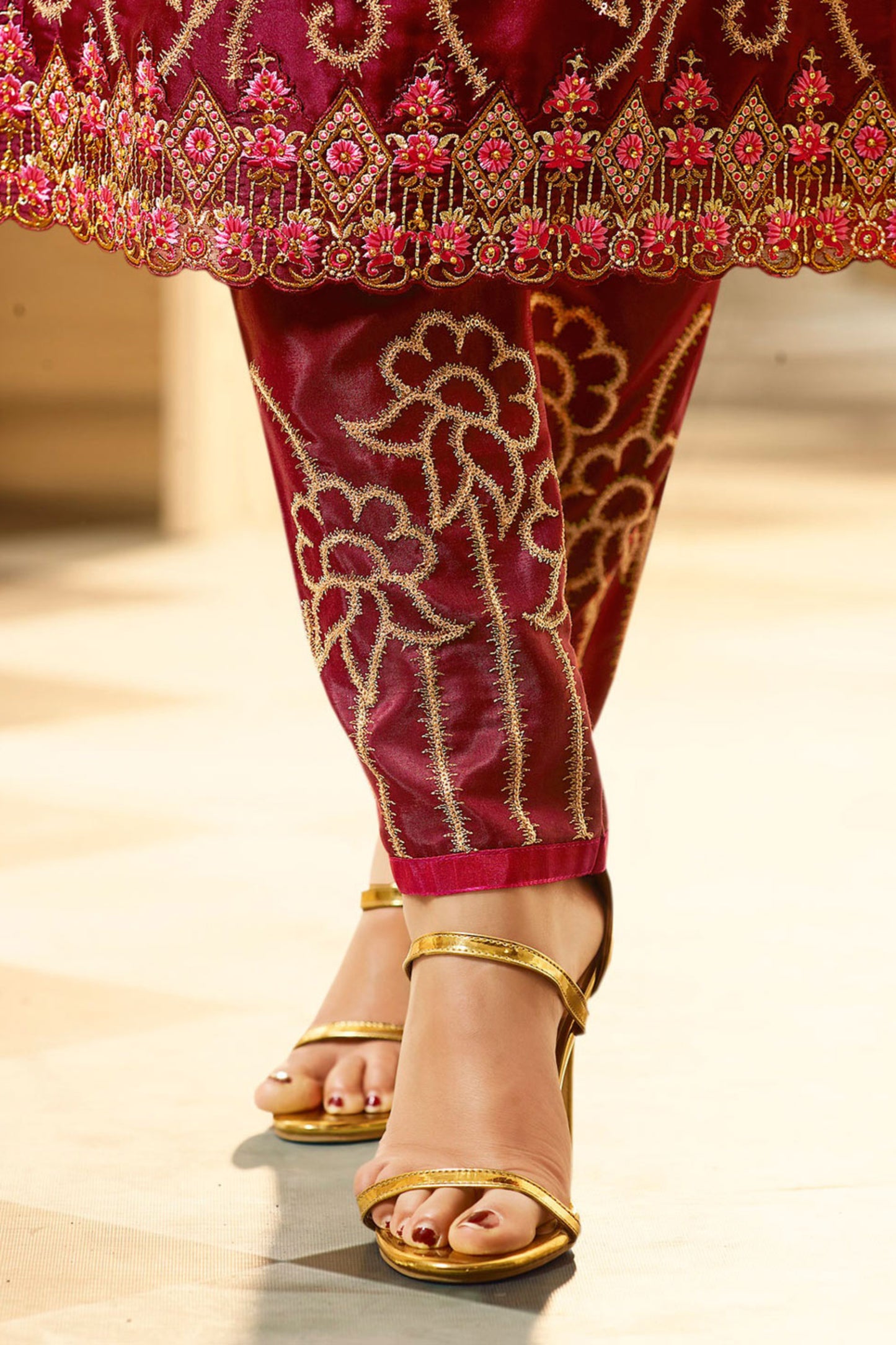 Indian New Style Wine Georgette Embroidered Modern Salwar Kameez Pant Suit