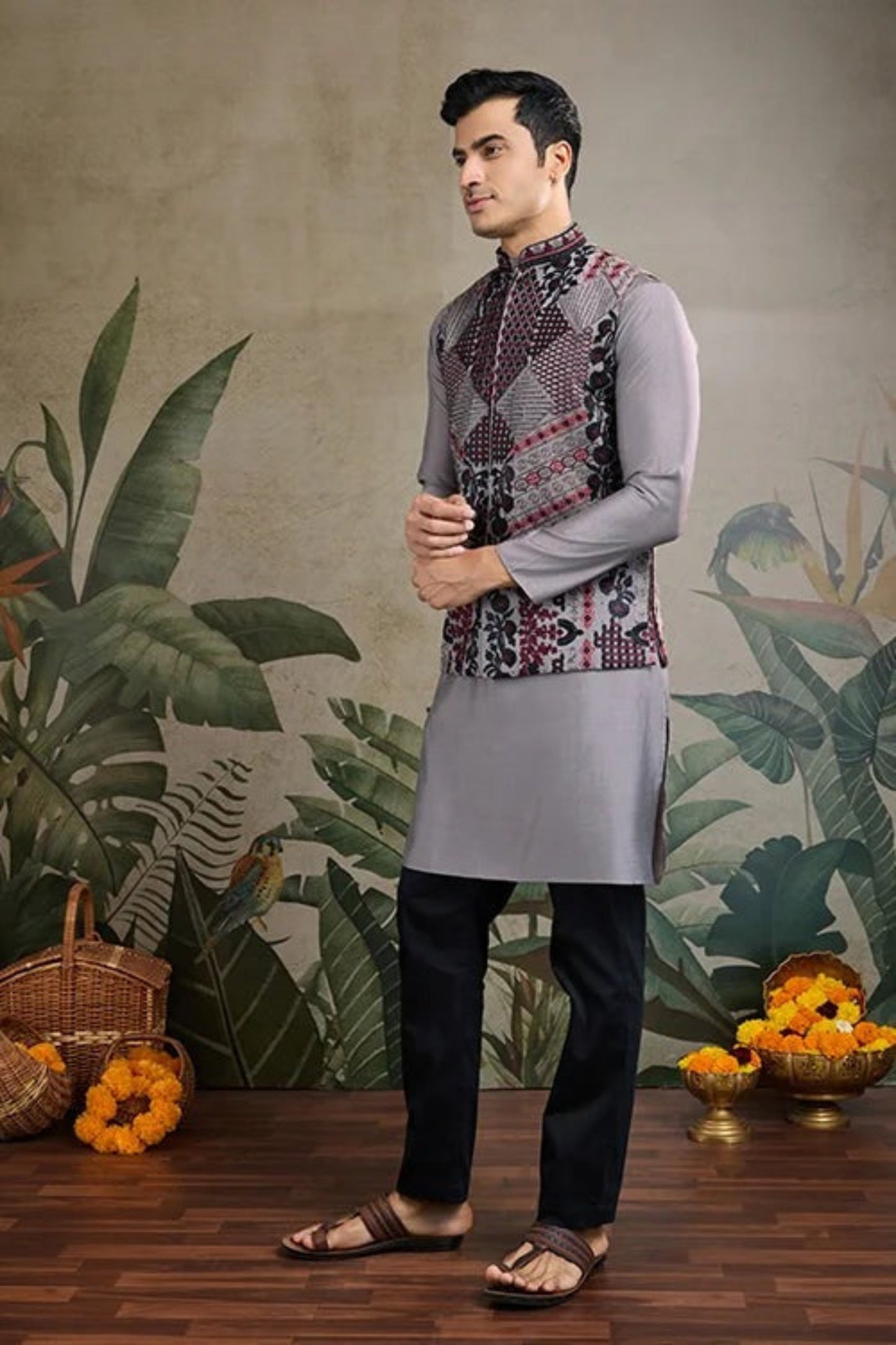 Premium Gray Color Viscose Silk Kurta Set For Man Real Mirror Work With Matching Pant