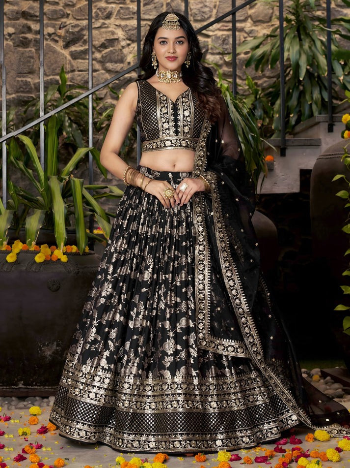 Black Embroidered Women Lehenga Choli with Dupatta for Engagement