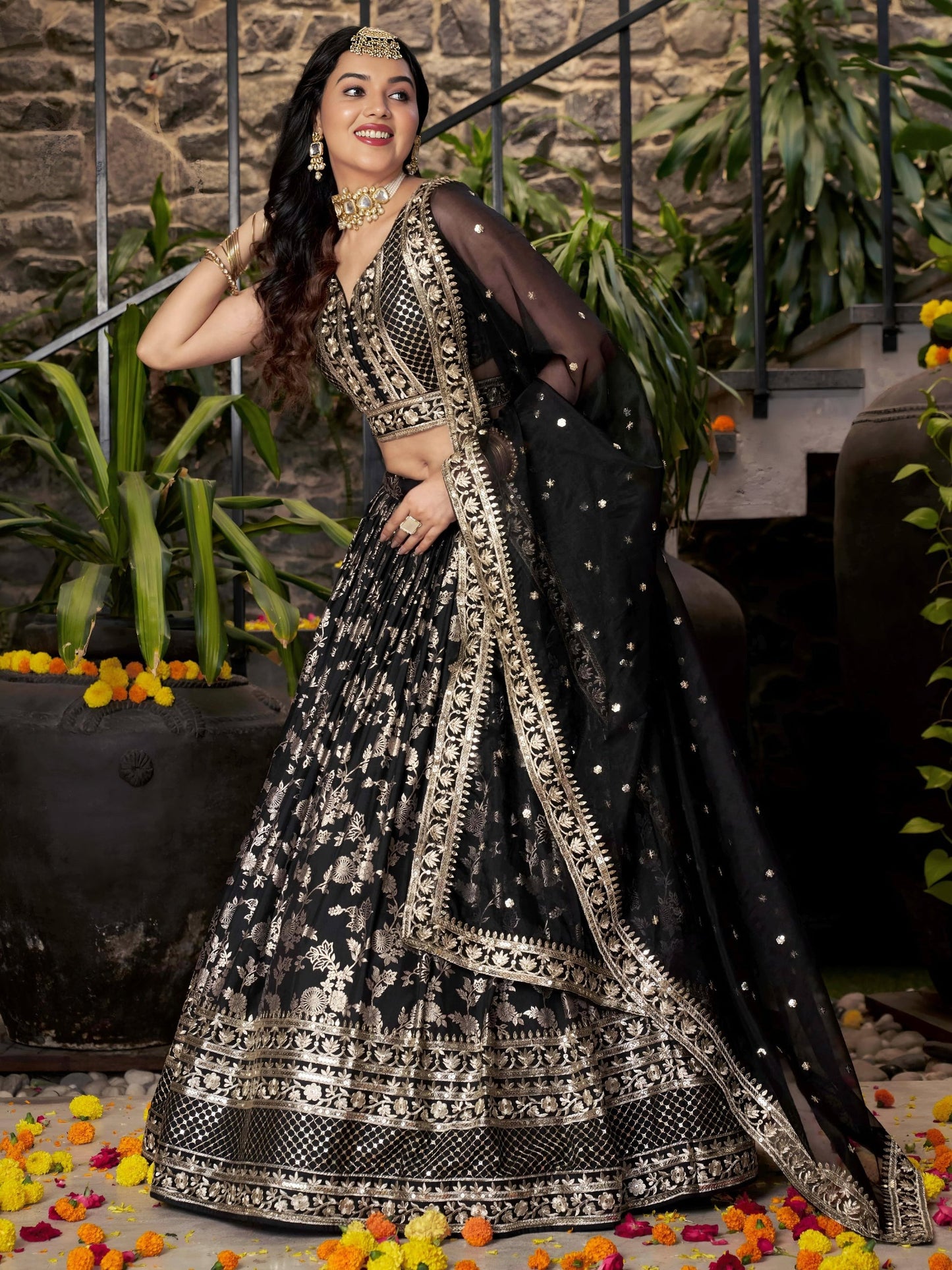 Black Embroidered Women Lehenga Choli with Dupatta for Engagement