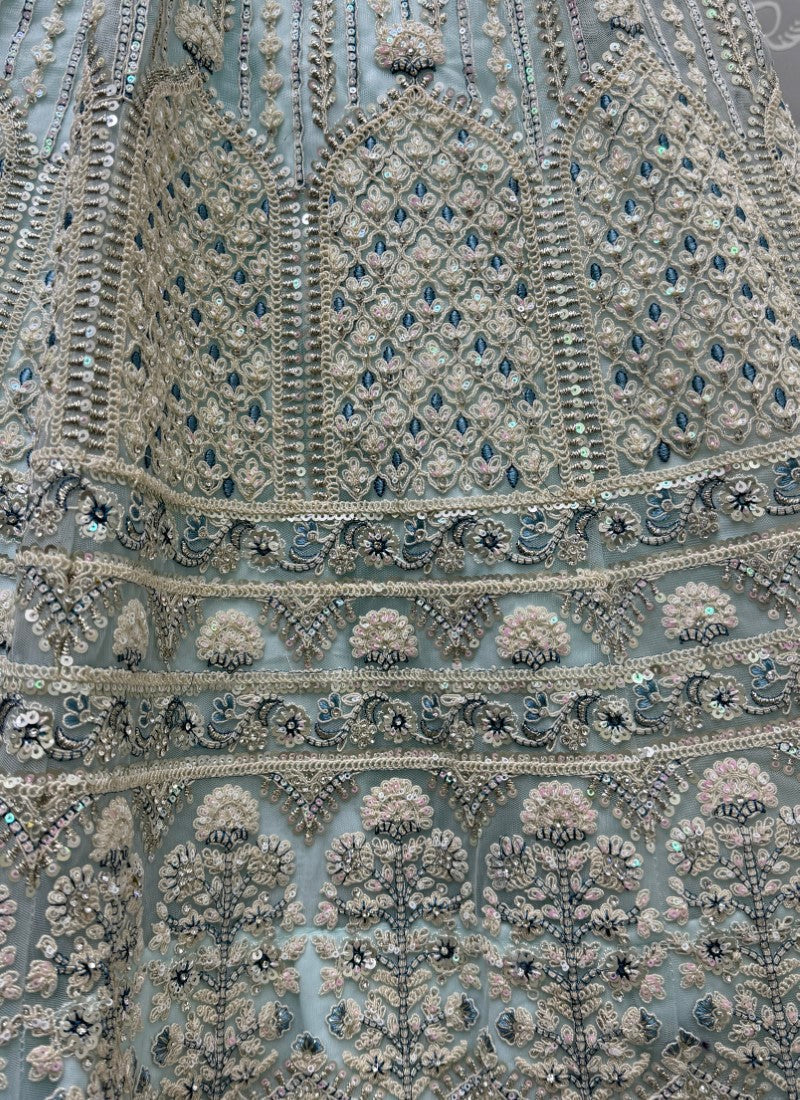 Wonderful Sky Blue Sequins Heavy Net Bridal Lehenga Choli With Dupatta