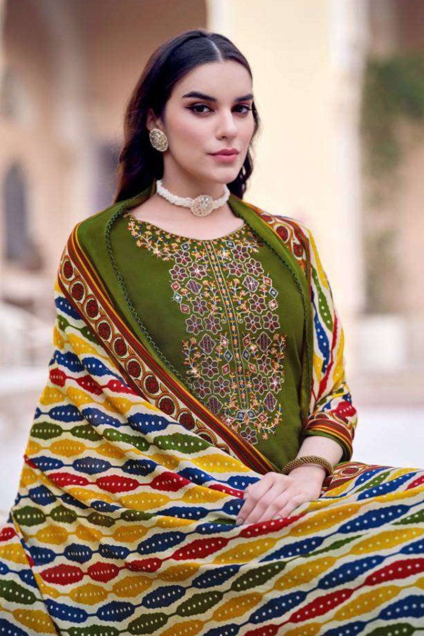 Perfect for a Mehndi and Everyday Wear Olive Green color shalwar kameez
