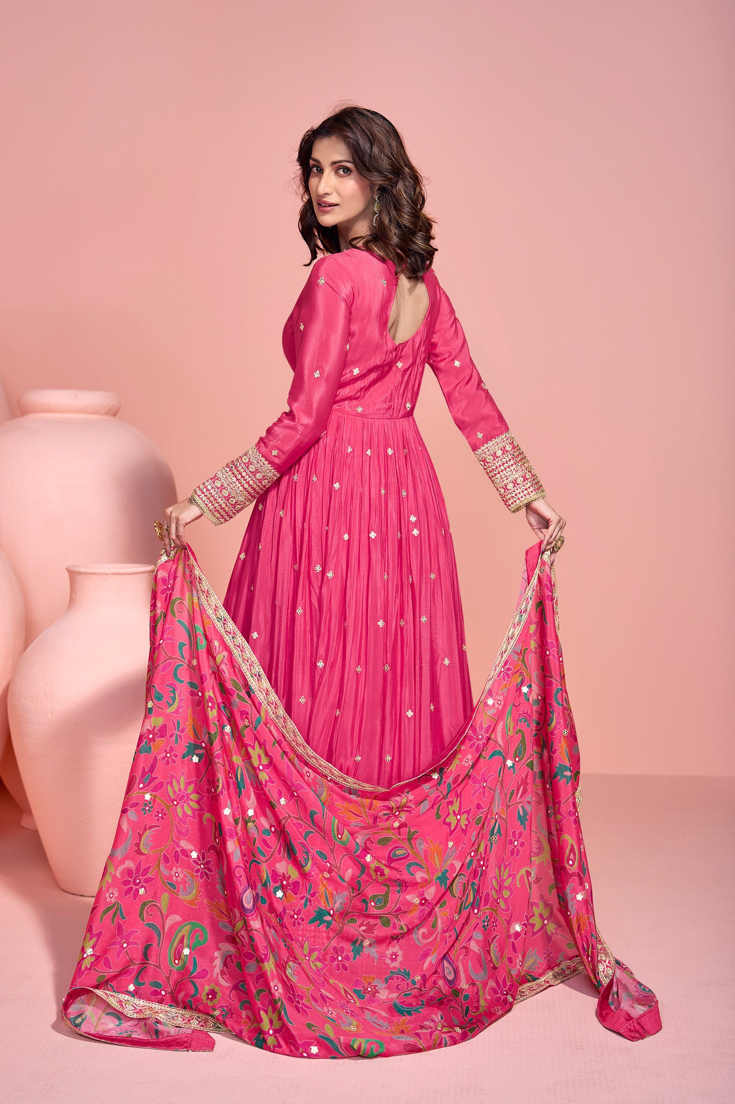 Beautiful Pink Chinon Silk Anarkali Gown with Dupatta for Events