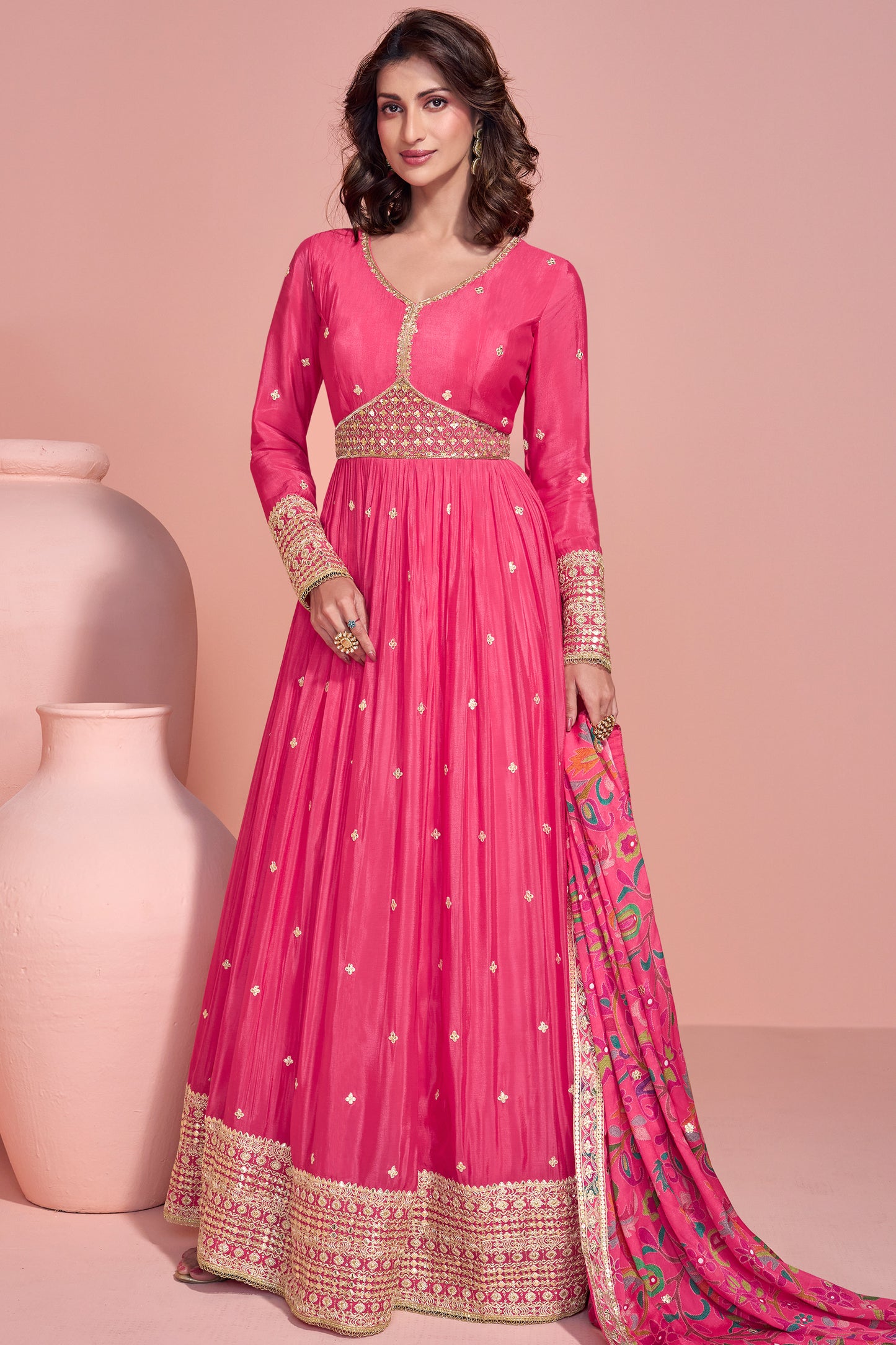 Beautiful Pink Chinon Silk Anarkali Gown with Dupatta for Events