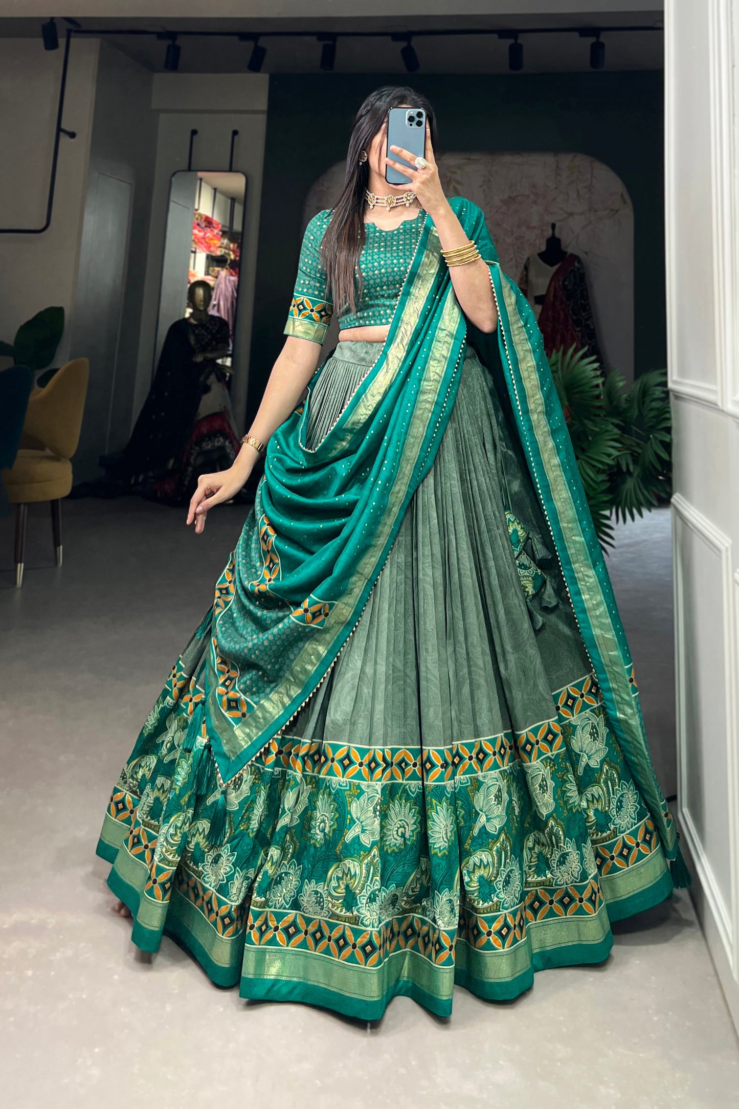 Green Lehenga symbolizes festivity and renewal – perfect for Mehndi nights, family events, and joyful occasions.