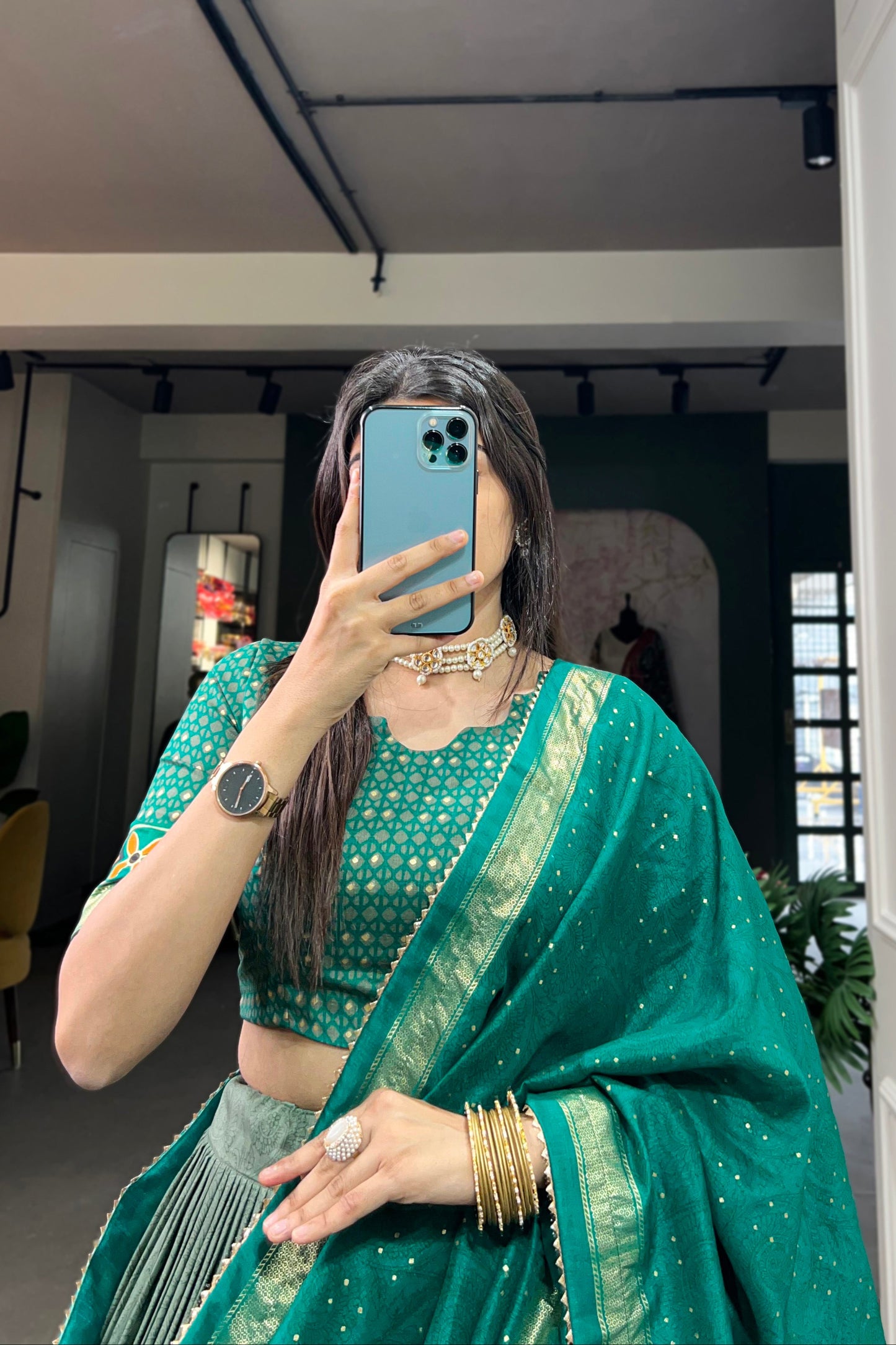 Green Lehenga symbolizes festivity and renewal – perfect for Mehndi nights, family events, and joyful occasions.