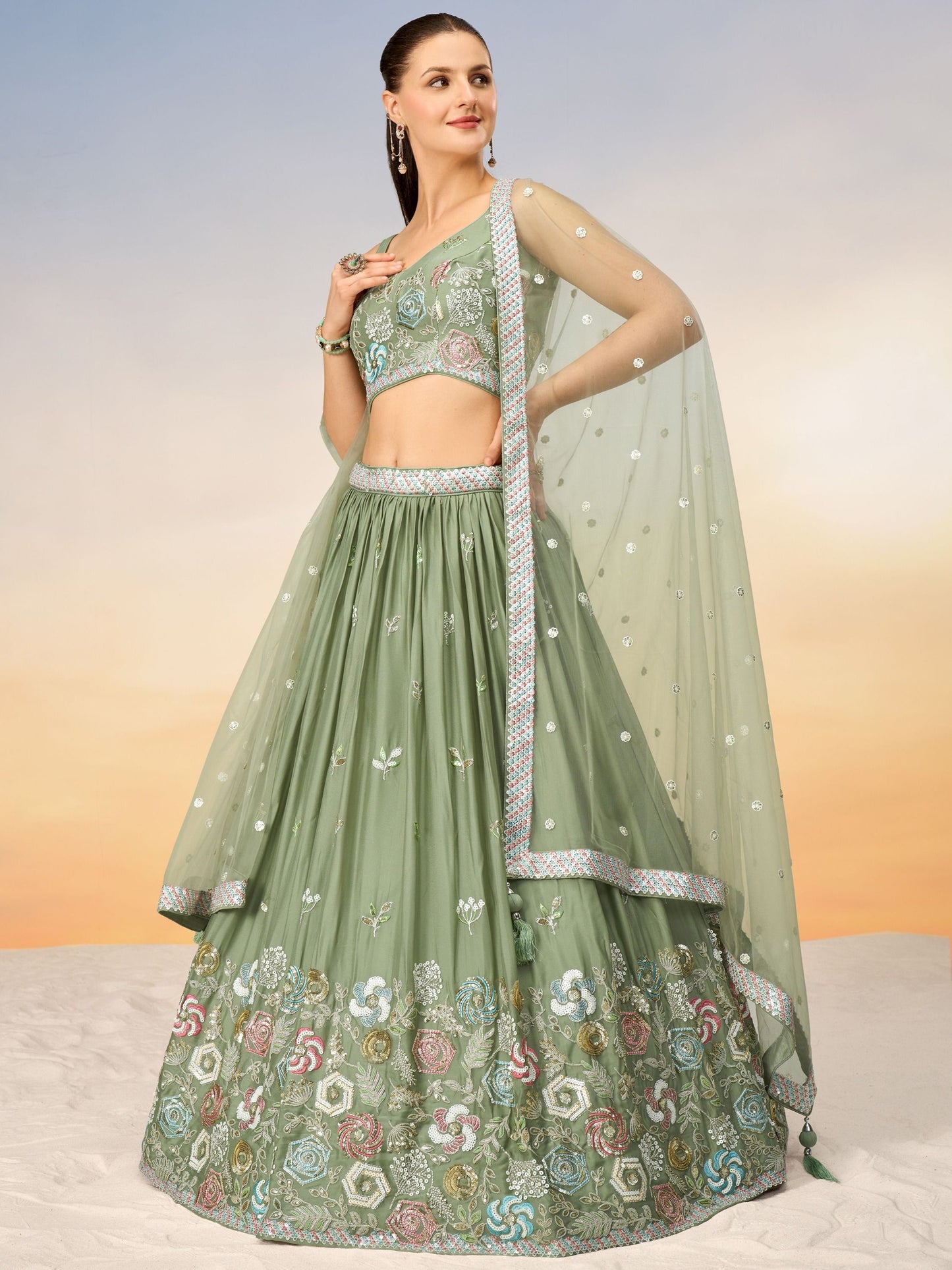 pastel green lehenga,plus size available,Comfort Fit,Premium Fabric,Express Delivery.
