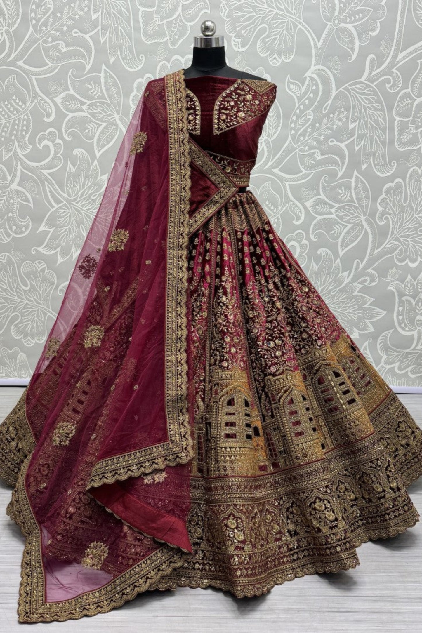 burgundy red Lehenga speaks tradition and bold beauty – perfect for weddings, bridal wear, and grand celebrations.
