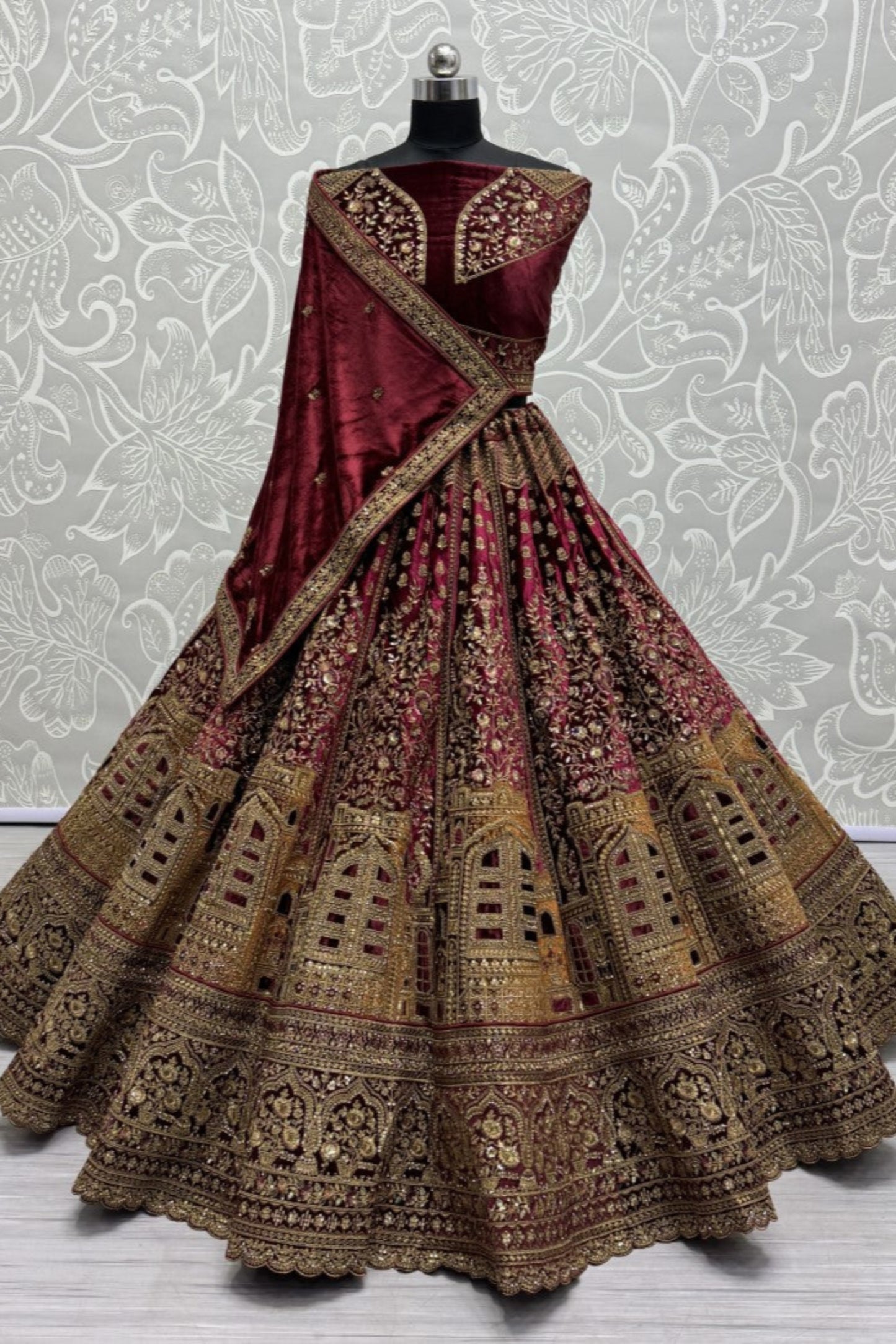 burgundy red Lehenga speaks tradition and bold beauty – perfect for weddings, bridal wear, and grand celebrations.