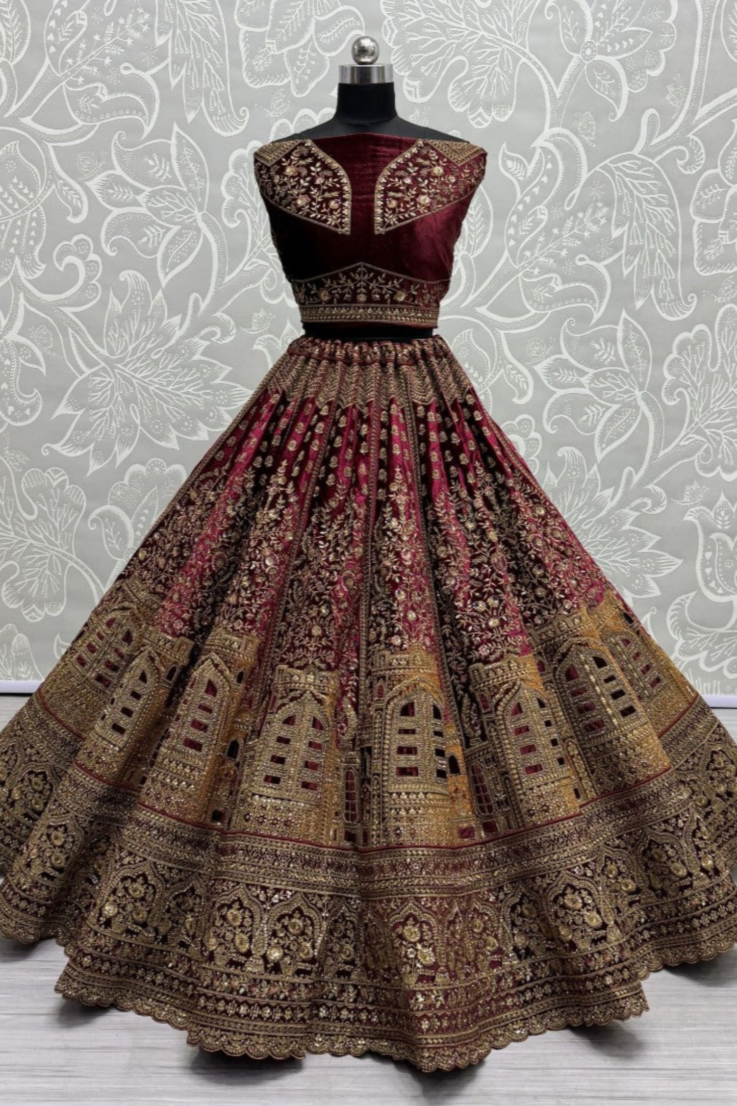 burgundy red Lehenga speaks tradition and bold beauty – perfect for weddings, bridal wear, and grand celebrations.