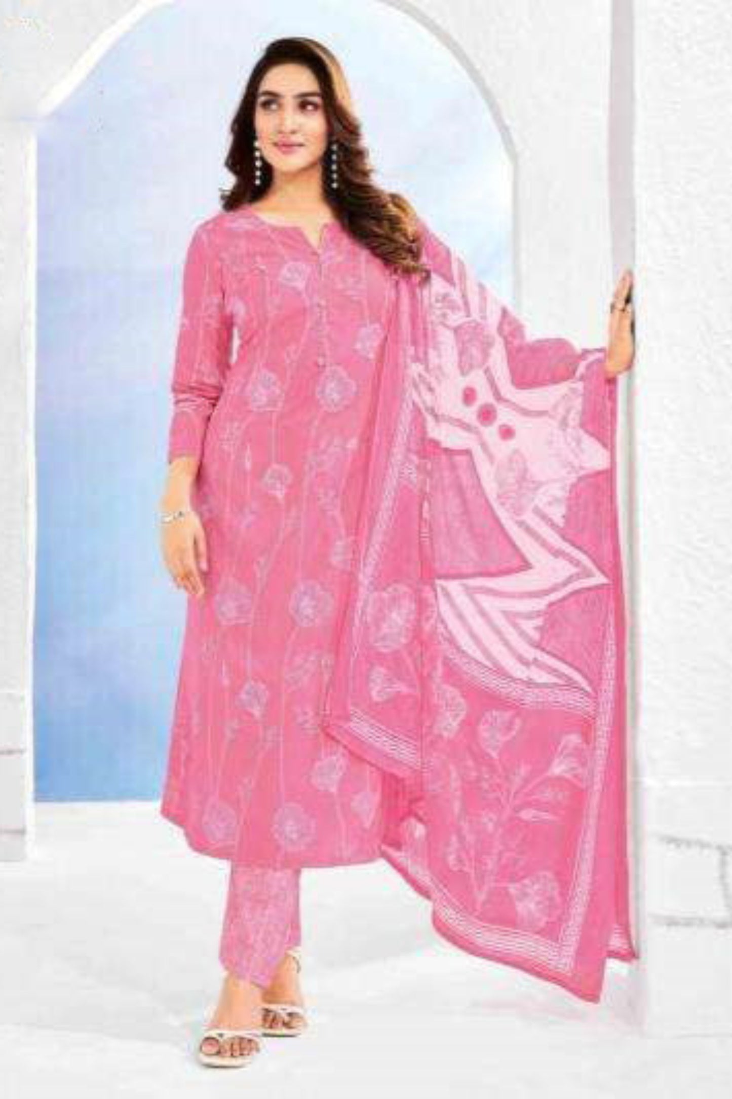 Light pink cotton outfit with a delicate and graceful charm, perfect for daytime events, festive mornings, and everyday ethnic wear.