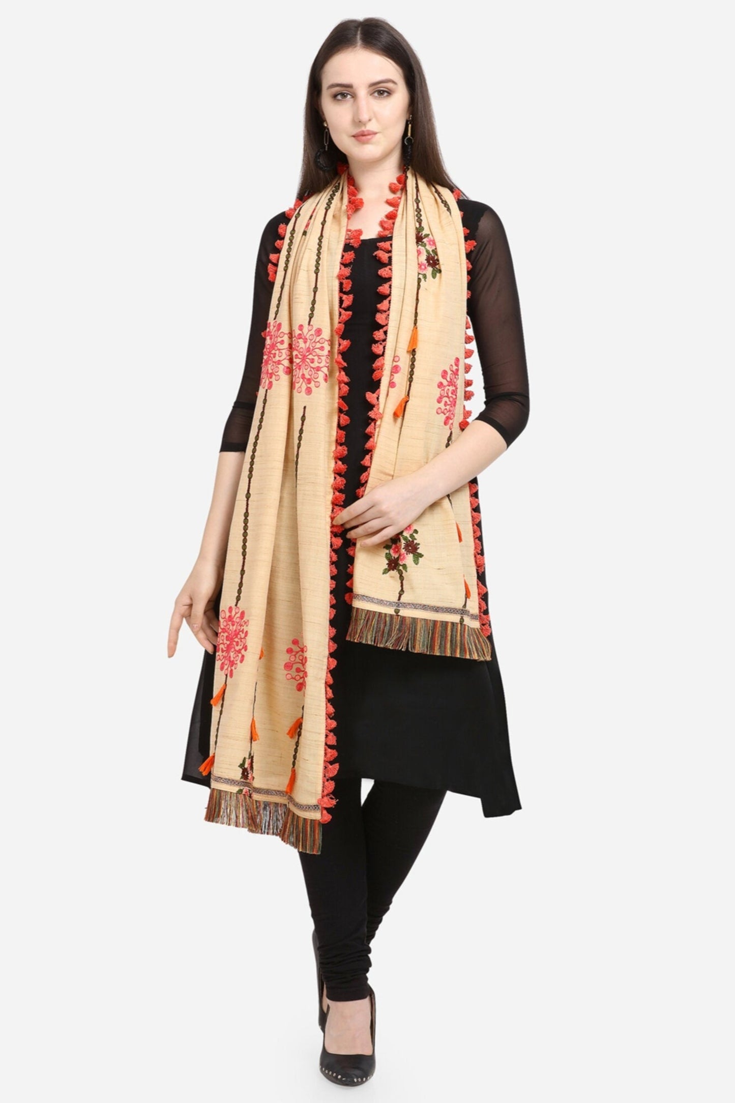 Beige Floral Embroidered Khadi Cotton Dupatta for Festive Wear