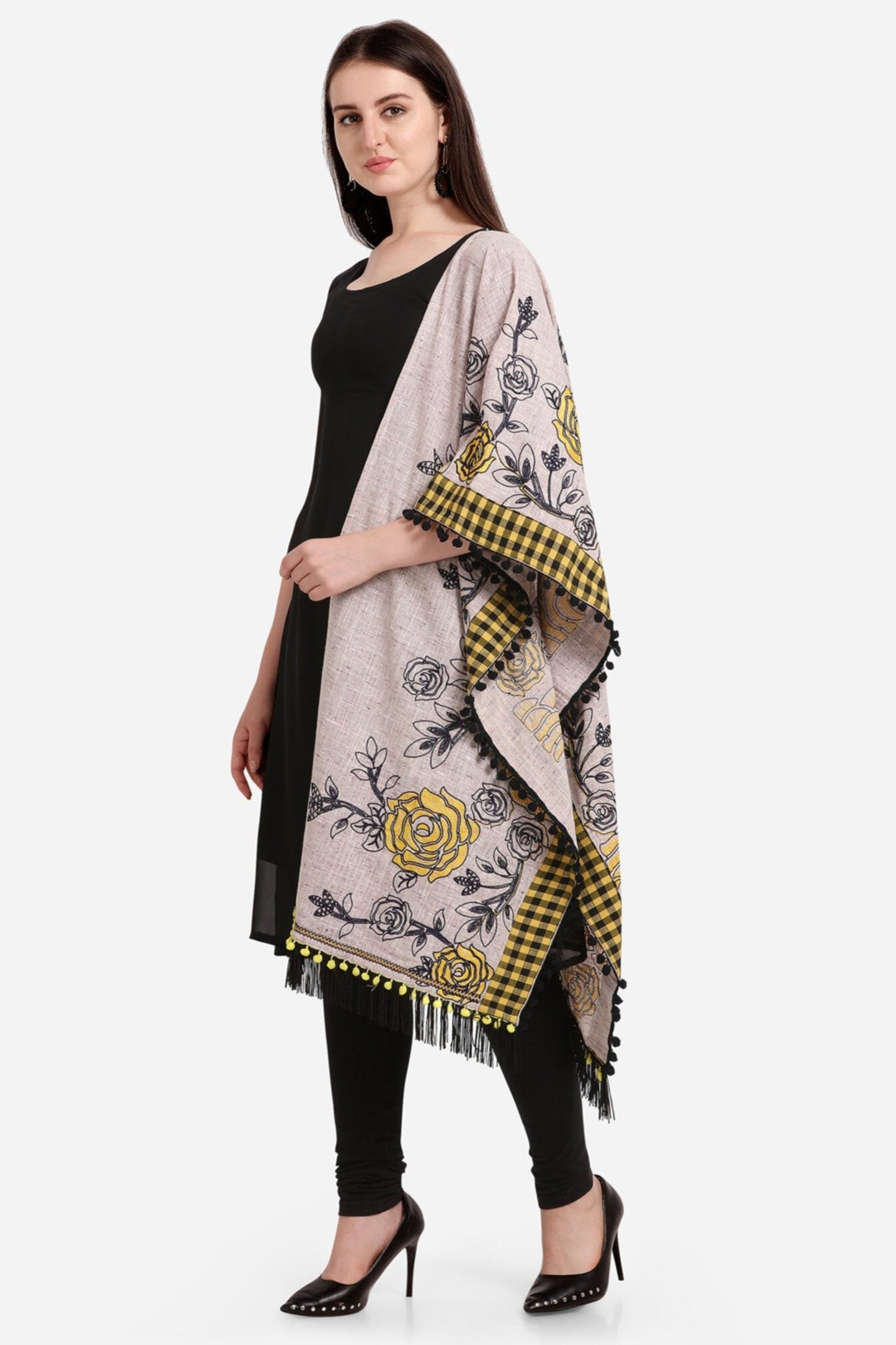 Gray Rose Print Embroidered Khadi Cotton Designer Dupatta