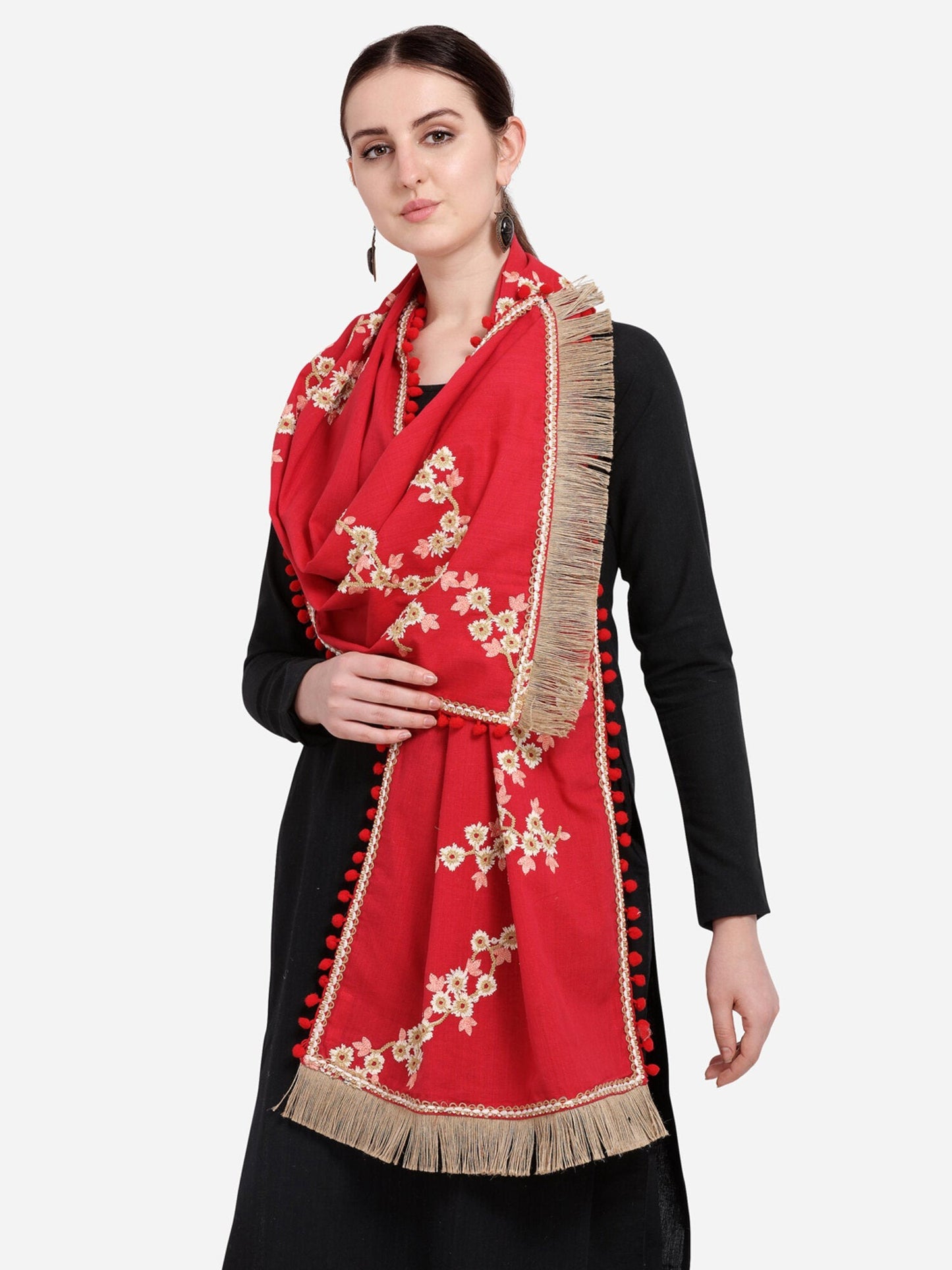 Red Floral Embroidered Khadi Cotton Dupatta – Indo-Pak Style