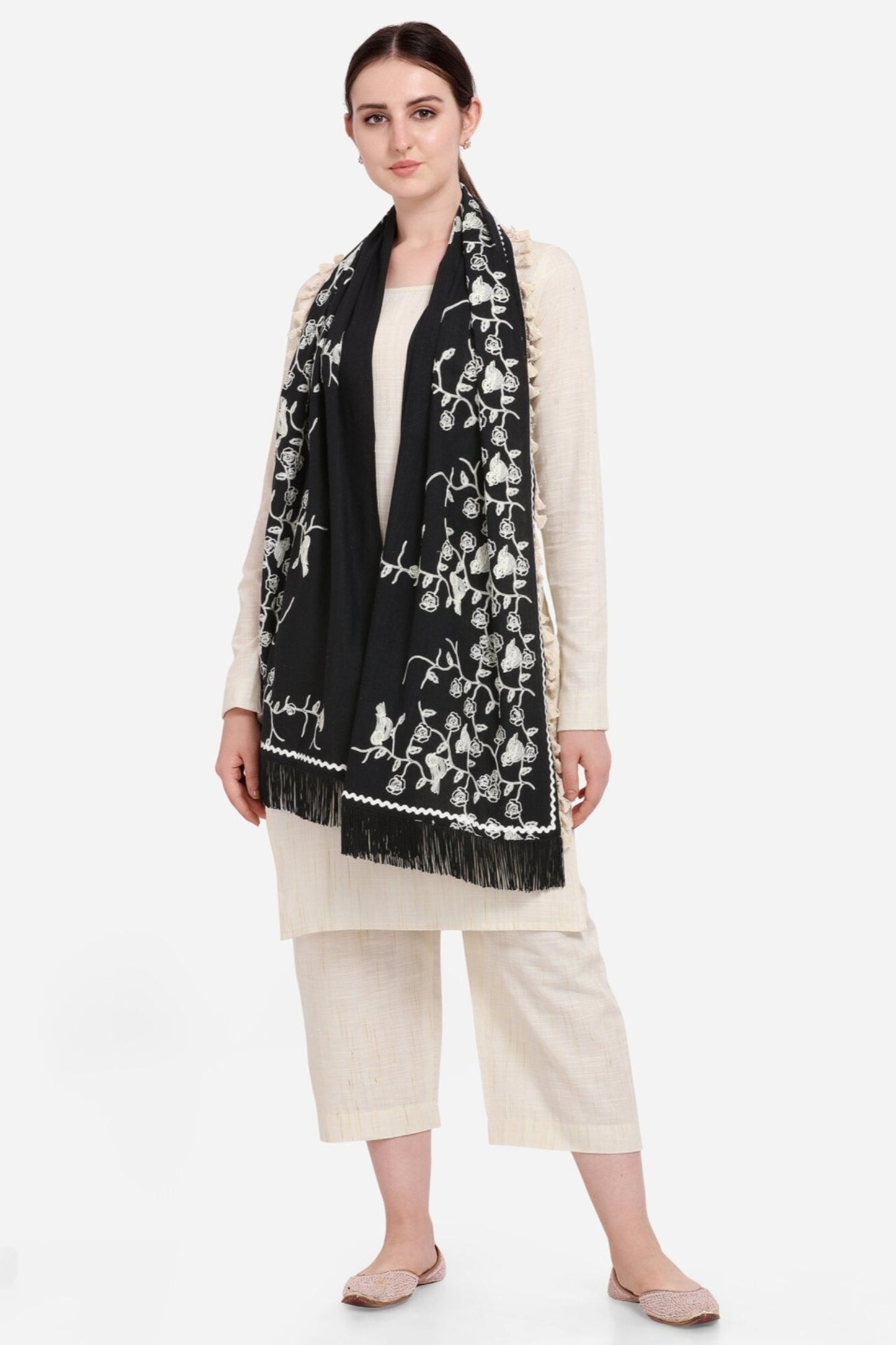 Black Floral Embroidered Pure Khadi Dupatta for Events