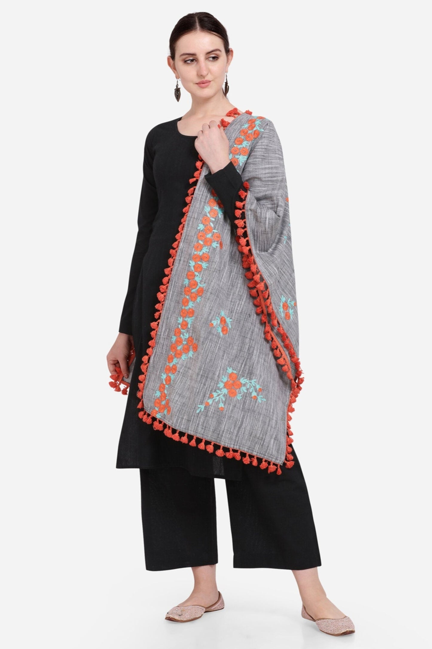 Gray Floral Embroidered Pure Khadi Dupatta with Fancy Lace