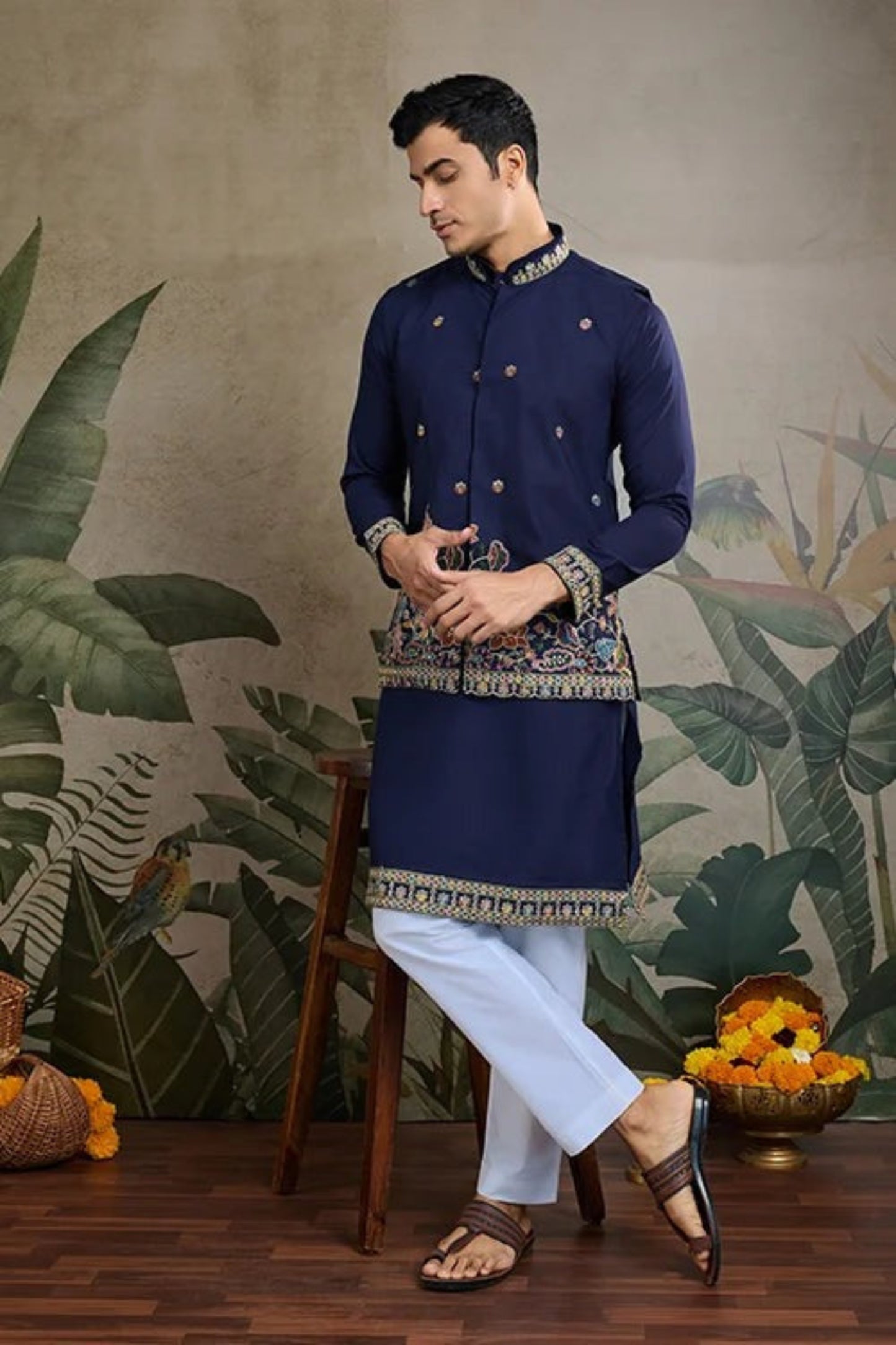 Exclusive Blue Color Viscose Silk Kurta Set For Man Real Mirror Work With Matching Pant