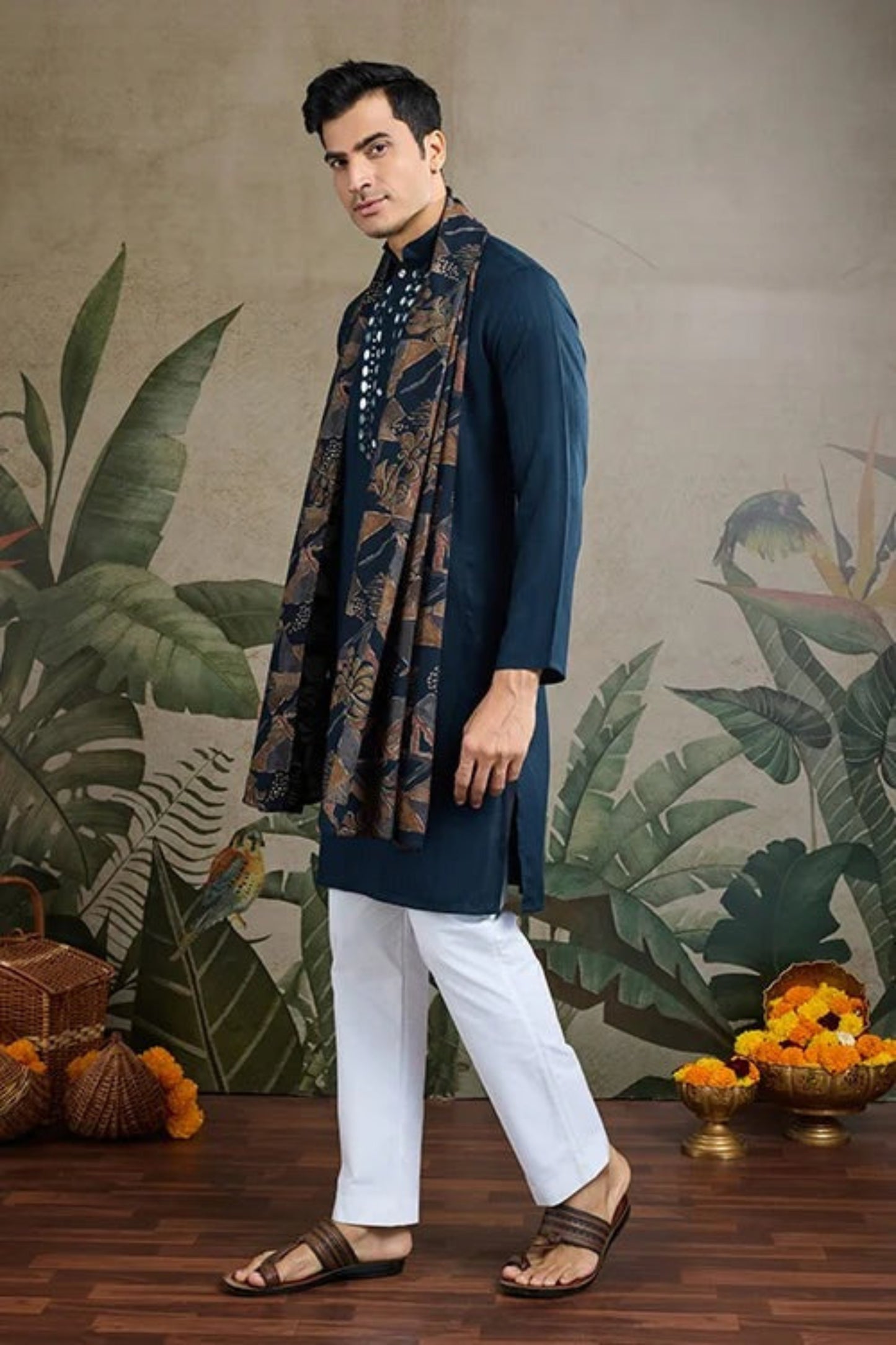 Exclusive Navy Blue Color Viscose Rayon Kurta Set For Man Real Mirror Work With Matching Pant