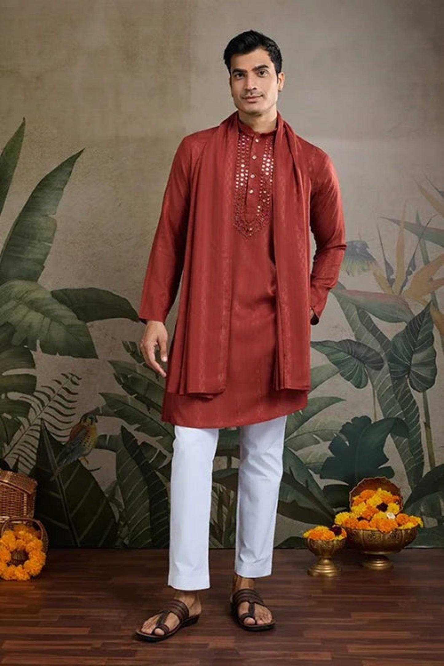 Exclusive Red Color Viscose Rayon Kurta Set For Man Real Mirror Work With Matching Pant