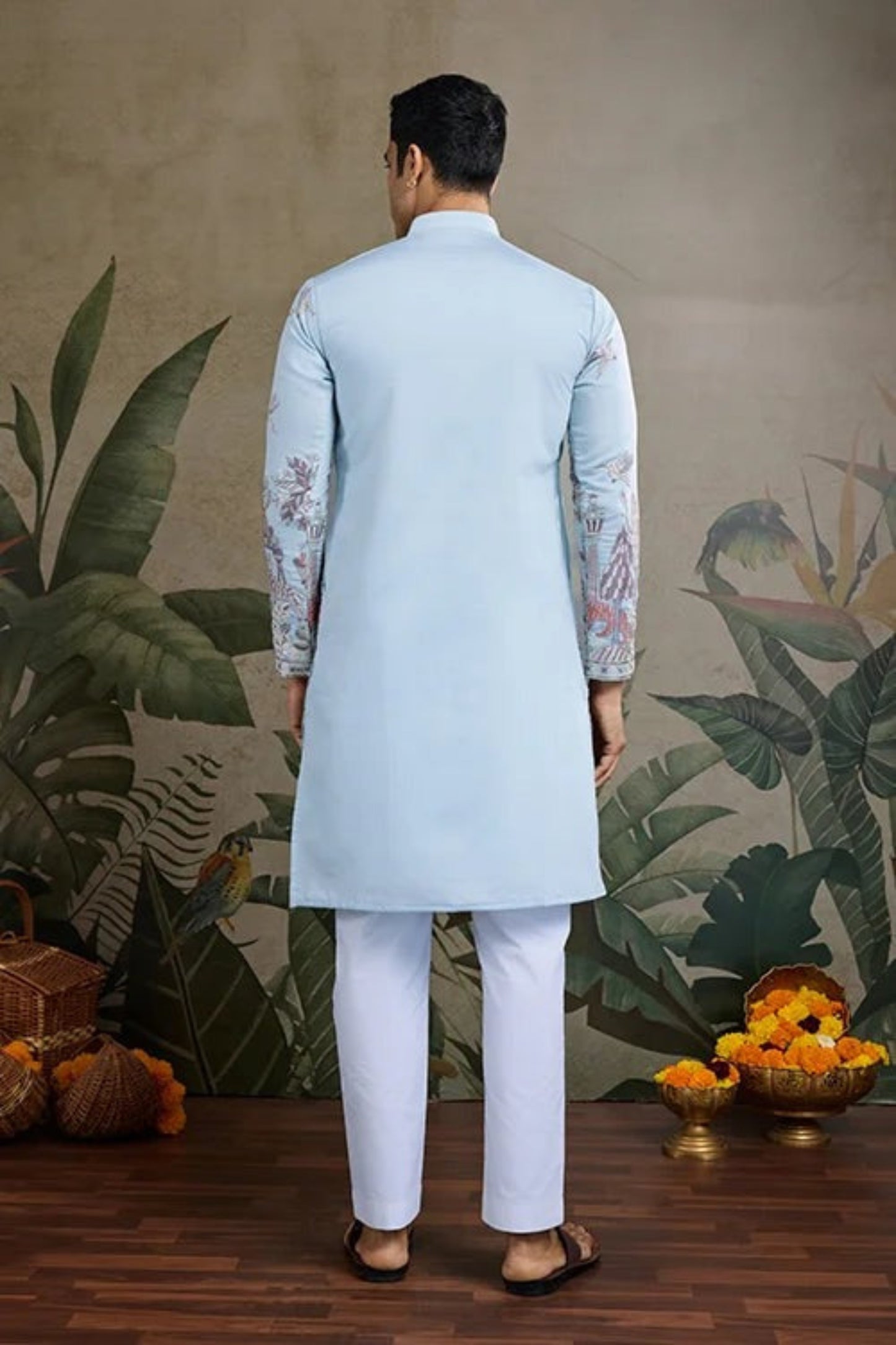 Latest Sky Blue Color Viscose Silk Kurta Set For Men Real Mirror Work With Matching Pant