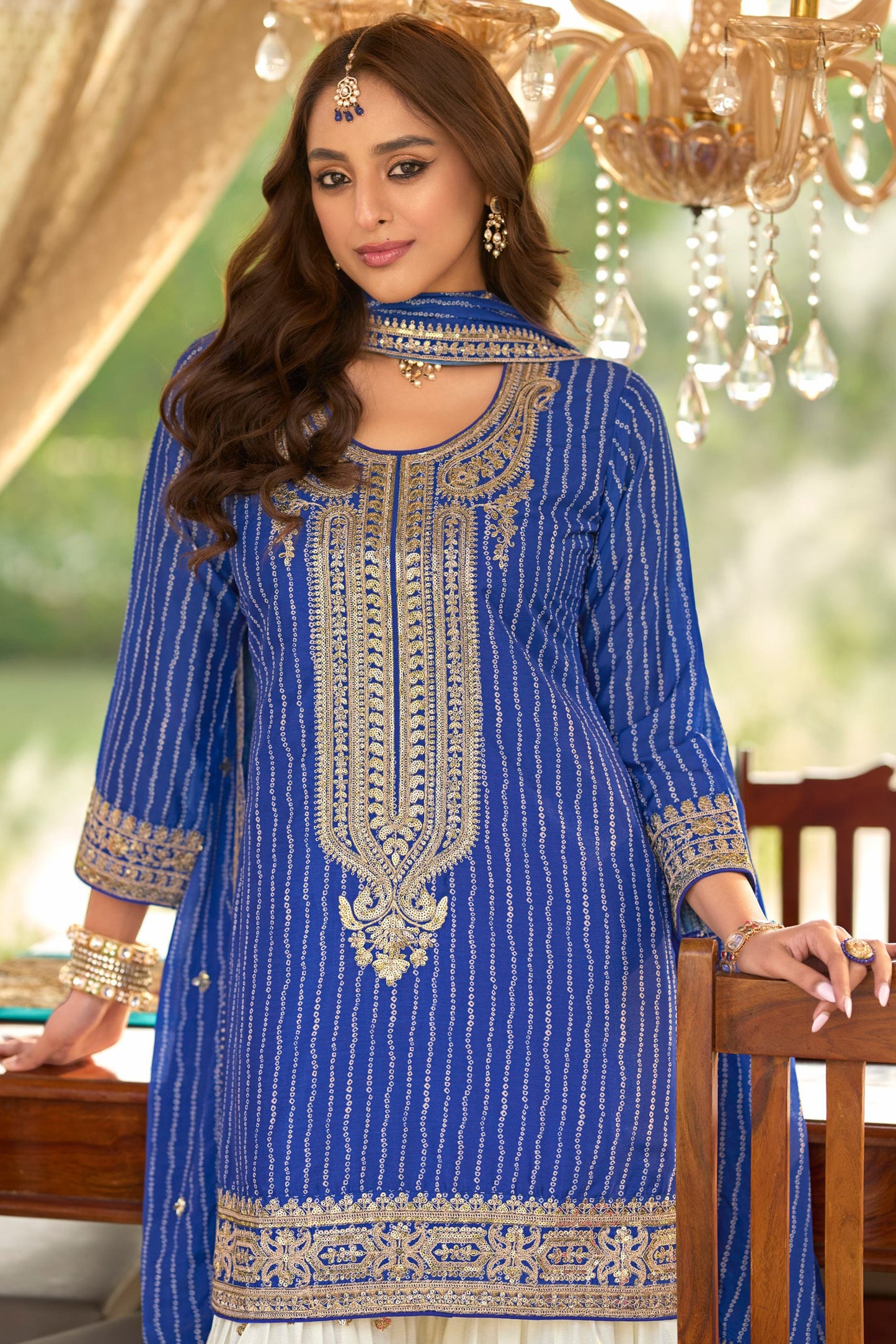 Attractive Blue Sharara Suit Digital Printed Chinon Silk Stylish Dupatta Traditional Function Wear USA Plus Size Women