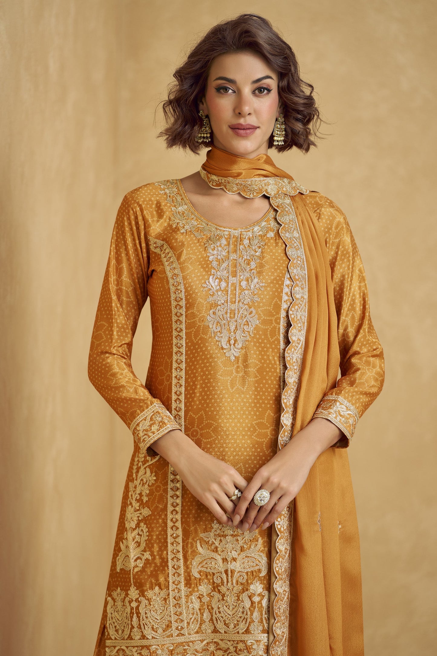 Elegant mustard color palazzo set with a traditional vibe, perfect for festive events, haldi functions, and family gatherings.