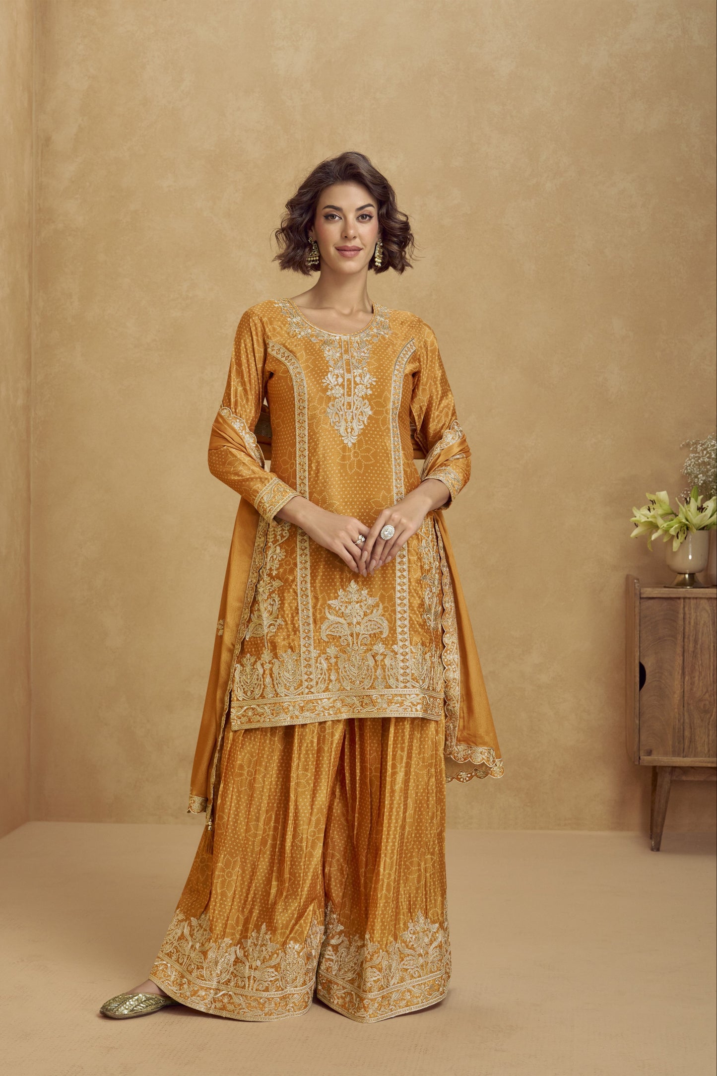 Elegant mustard color palazzo set with a traditional vibe, perfect for festive events, haldi functions, and family gatherings.