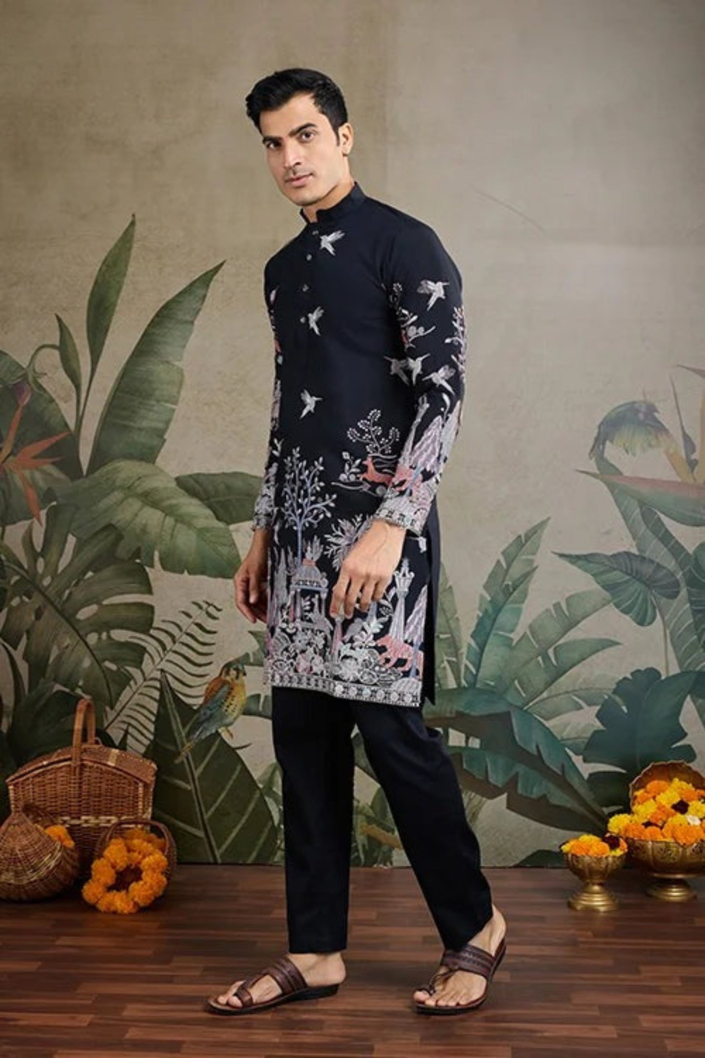 Elegant Navy Blue Color Viscose Silk Kurta Set For Man Real Mirror Work With Matching Pant