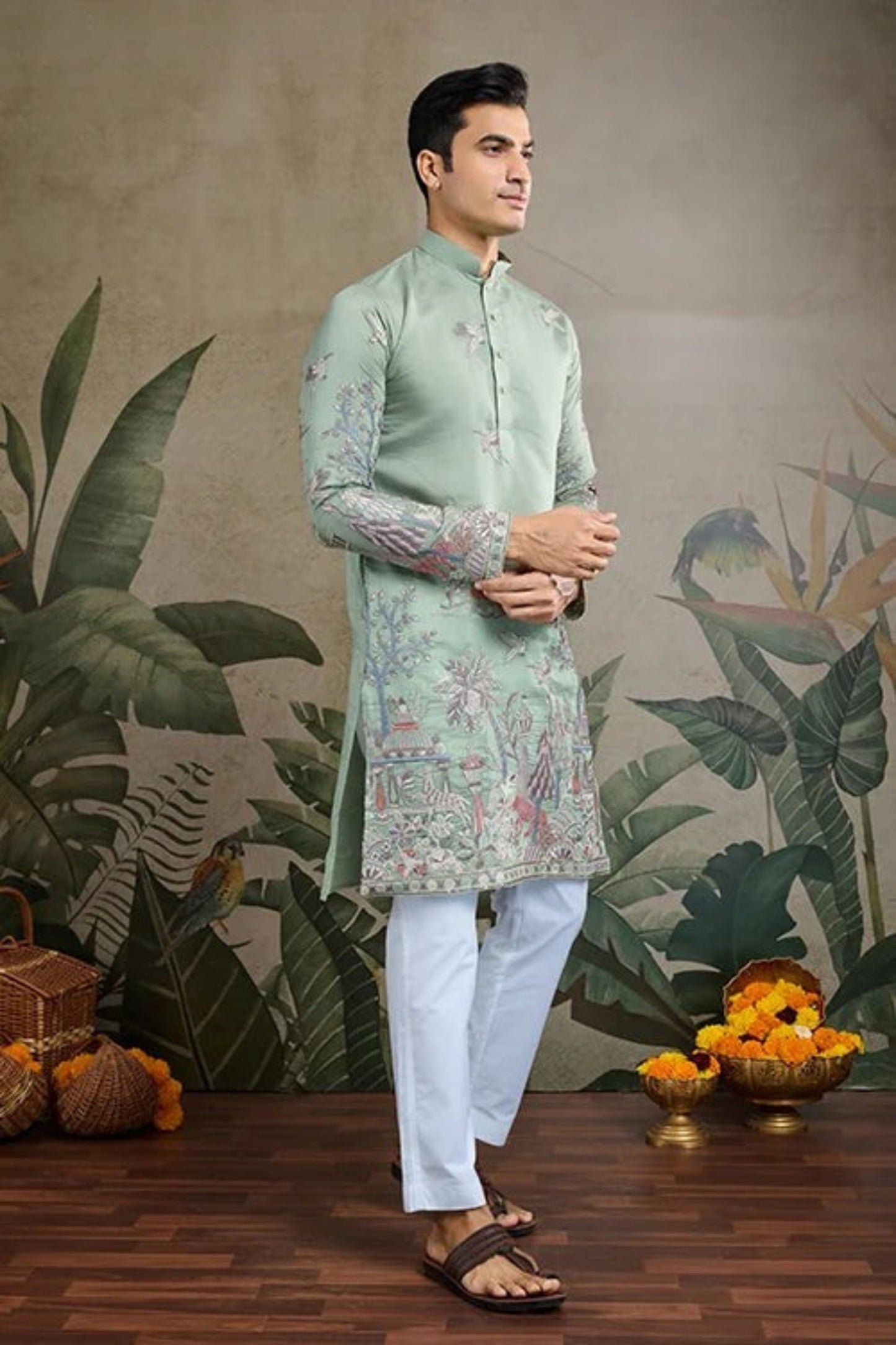Premium Pista Green Color Viscose Silk Kurta Set For Man Real Mirror Work With Matching Pant