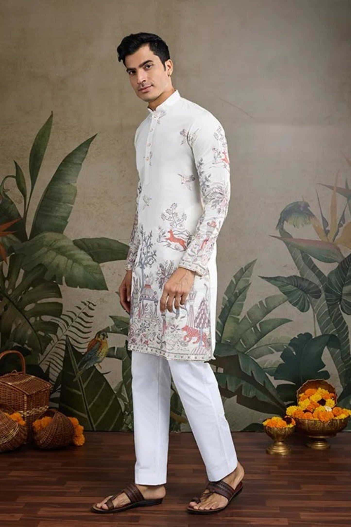 White Color Viscose Silk Kurta Set For Man Real Mirror Work With Matching Pant