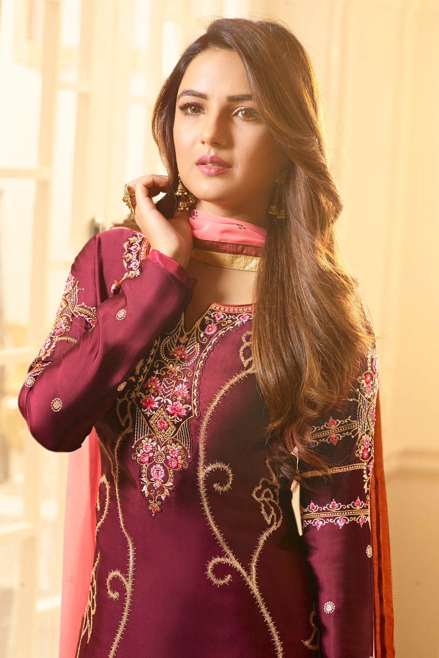 New Style Wine Georgette Embroidered Modern Salwar Kameez