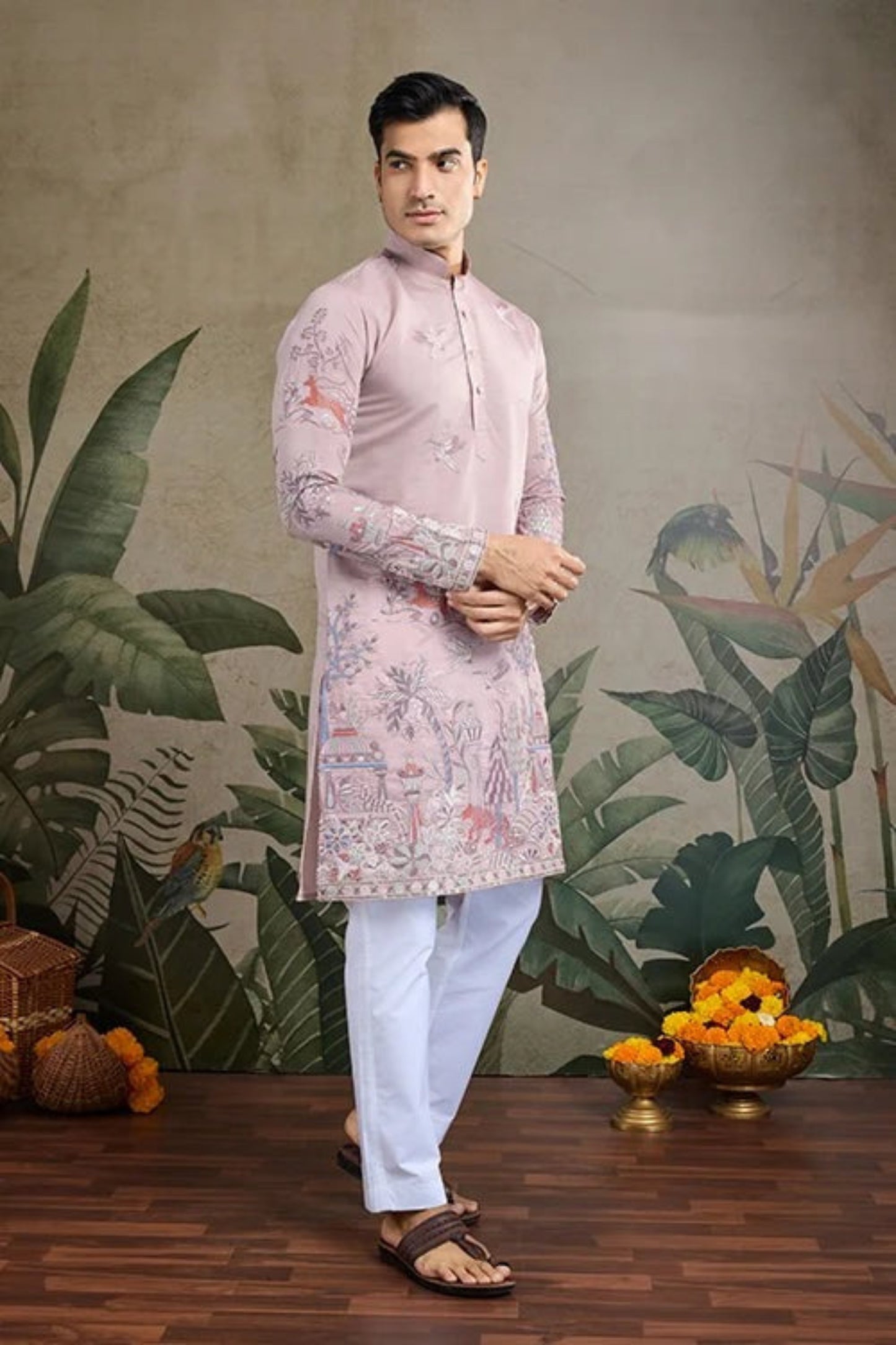 Exclusive Baby Pink Color Viscose Silk Kurta Set For Man Real Mirror Work With Matching Pant
