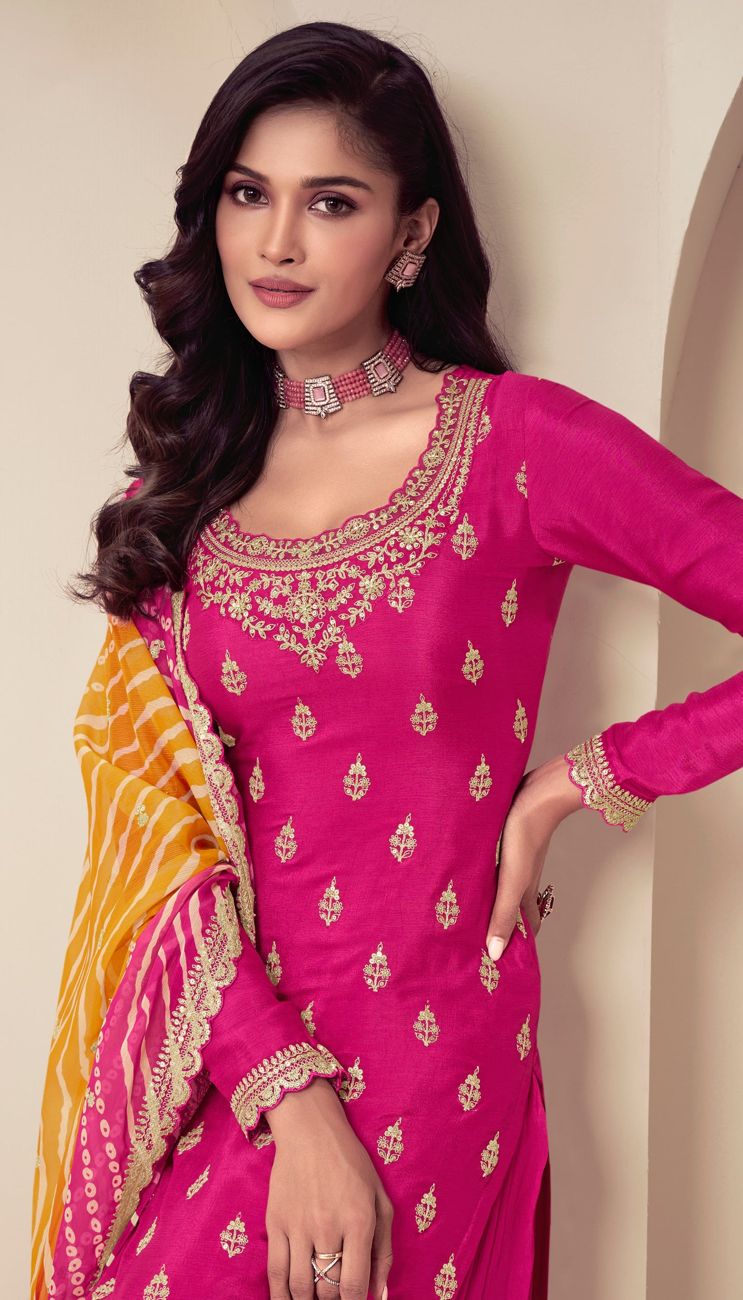Pink Color Embroidery Worked Salwar Kameez Palazzo Dresses Ethnic Wear for Women USA