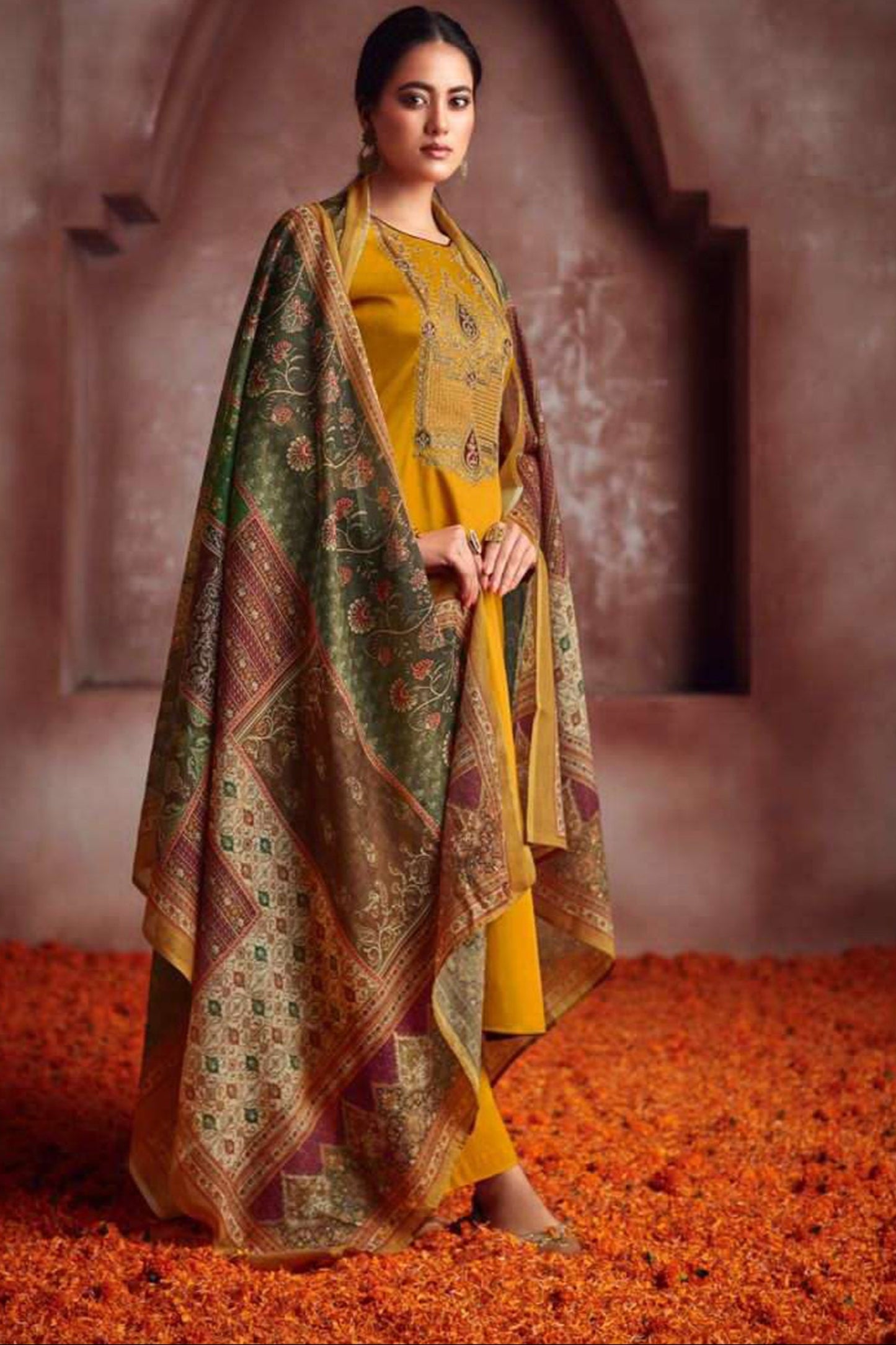 Newest Style Mustard Yellow Embroidery Work & Printed Salwar Kameez Pant Suit