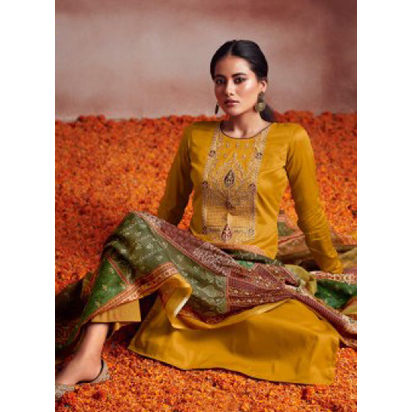 Newest Style Mustard Yellow Embroidery Work & Printed Salwar Kameez Pant Suit