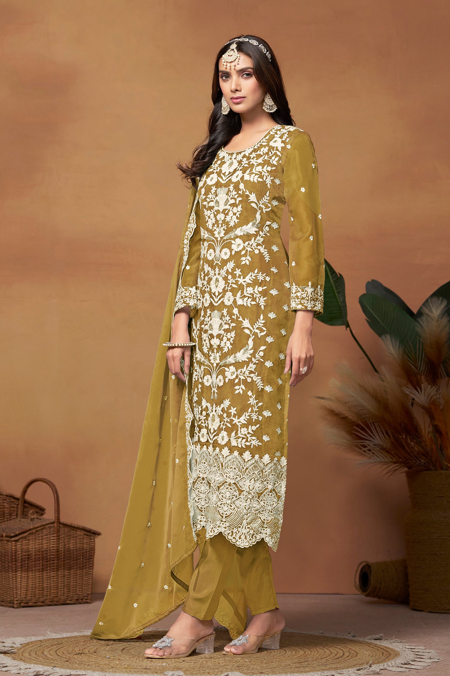 Yellow Designer Soft Organza Fabric Embroidery Work Salwar Kameez Suit