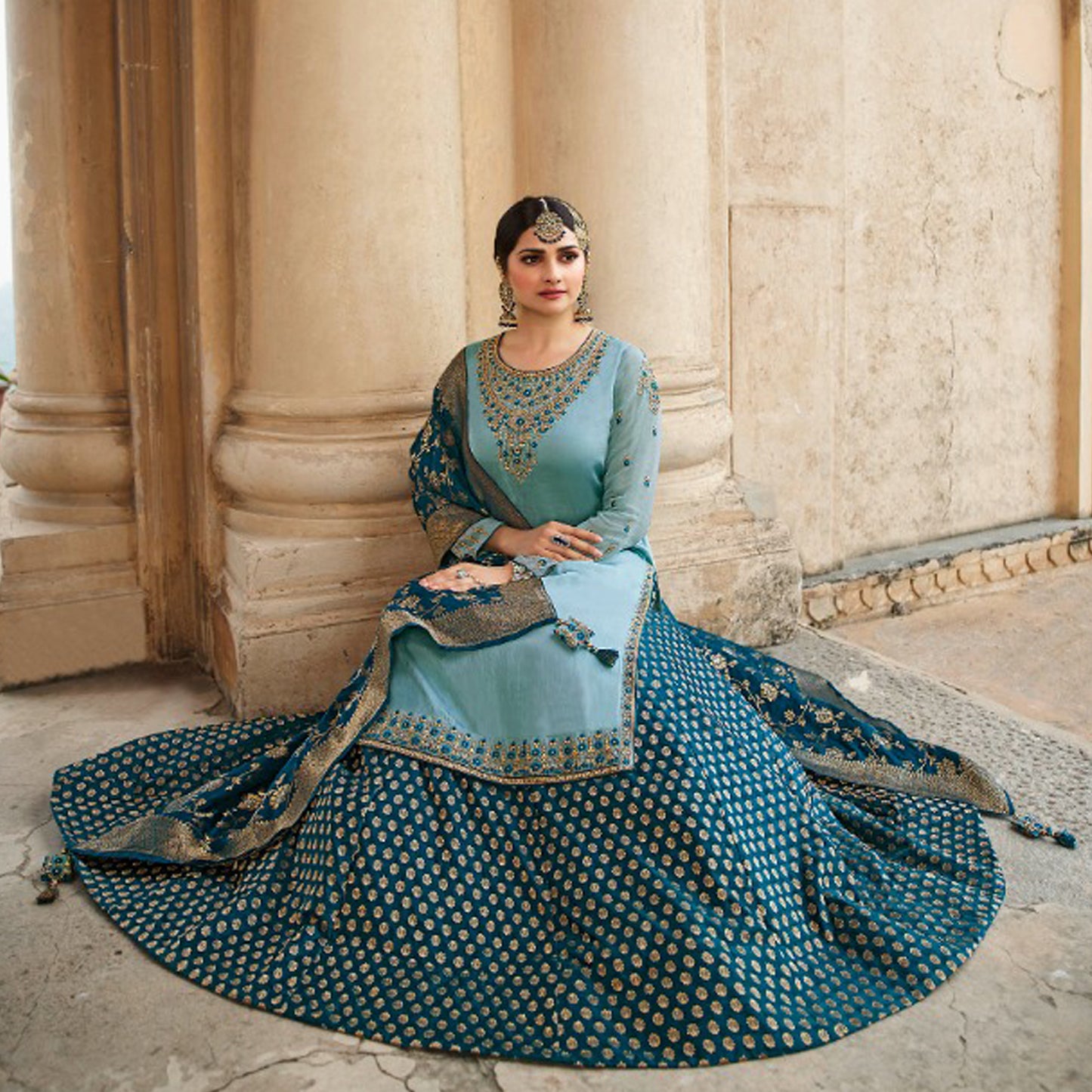 Blue Color Silk Jacquard For Wedding-Reception-Party Wear Lehenga