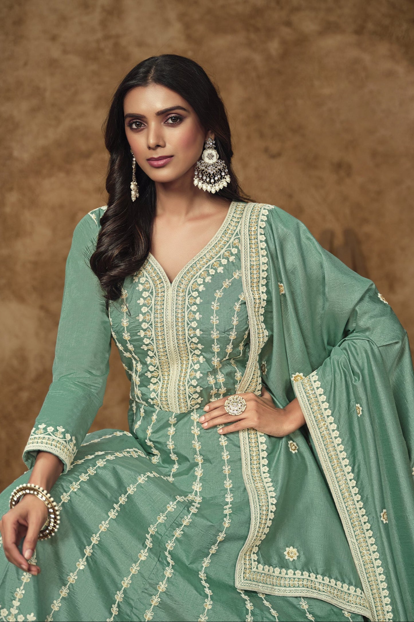 Affordable Dusty Green Color Anarkali Gown Suit For USA Customers