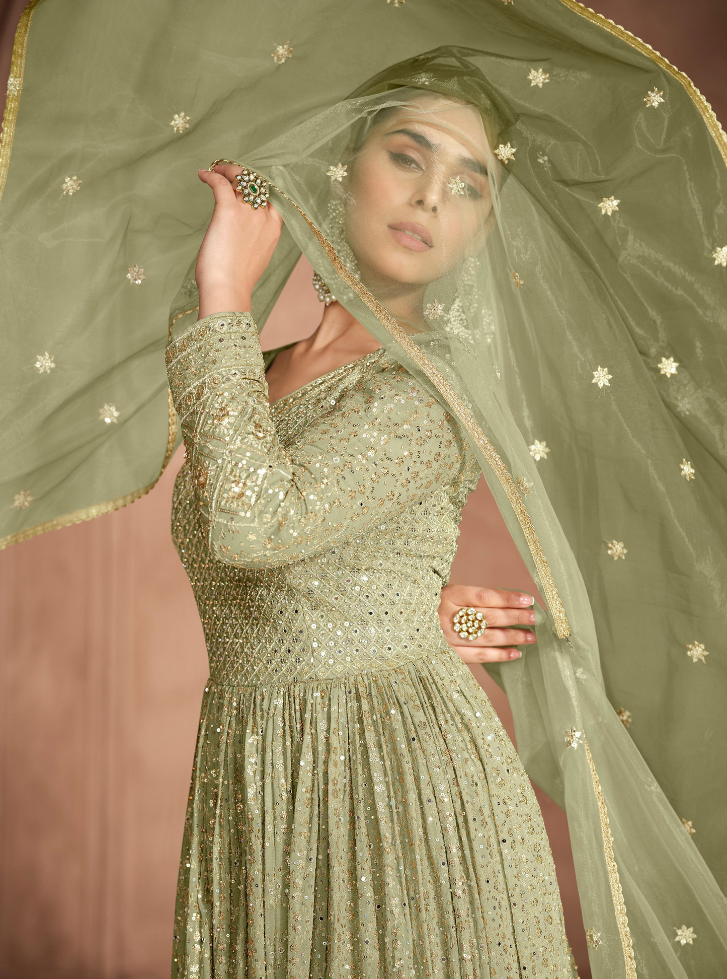 Olive Green Embroidered Gorgettle Anarkali Gown Suits For Western Women
