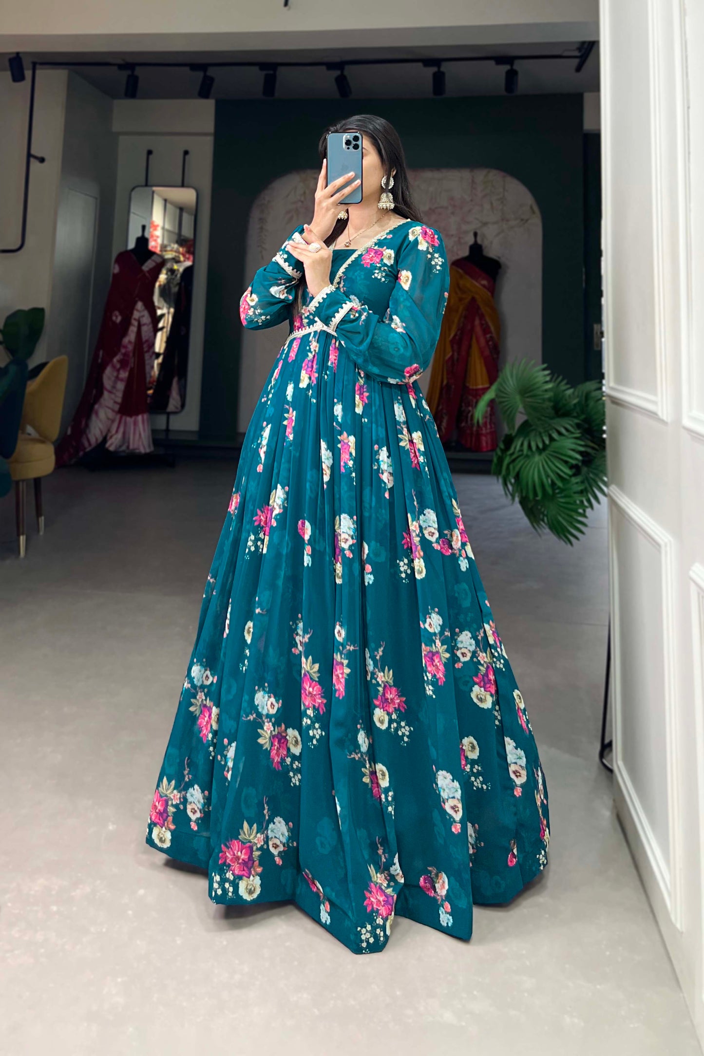 Teal Blue Georgette Floral Printed Anarkali Gown for Reception Wear